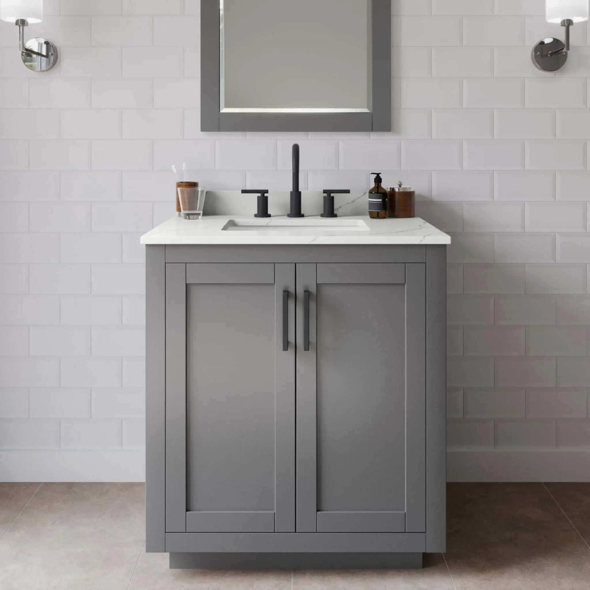 30" Miranda Single Bathroom Vanity in Dark Gray with Matte Black Trim & 24" Mirror by Wyndham