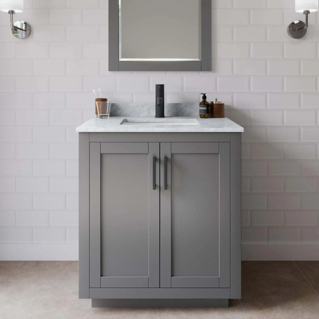 30" Miranda Single Bathroom Vanity in Dark Gray with Matte Black Trim & 24" Mirror by Wyndham