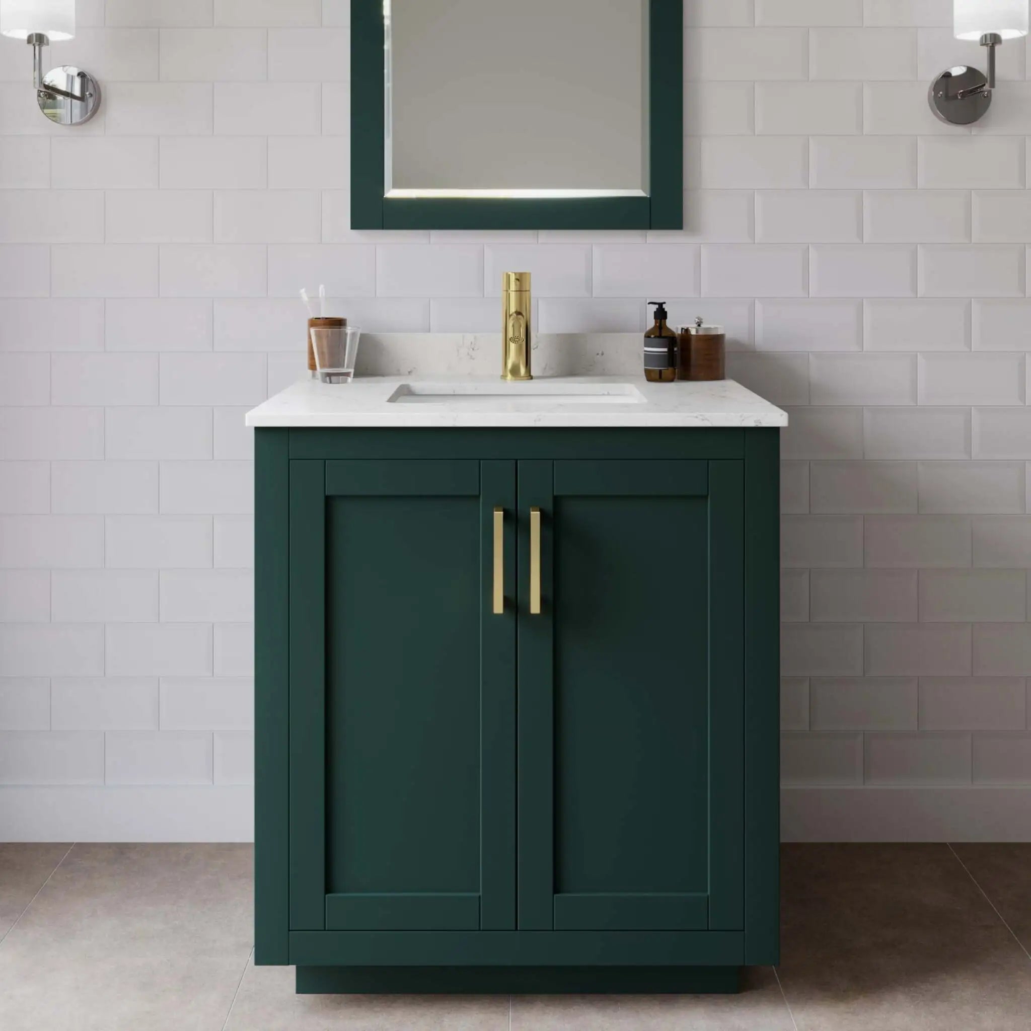 30" Miranda Single Bathroom Vanity in Green with Brushed Gold Trim & 24" Mirror by Wyndham