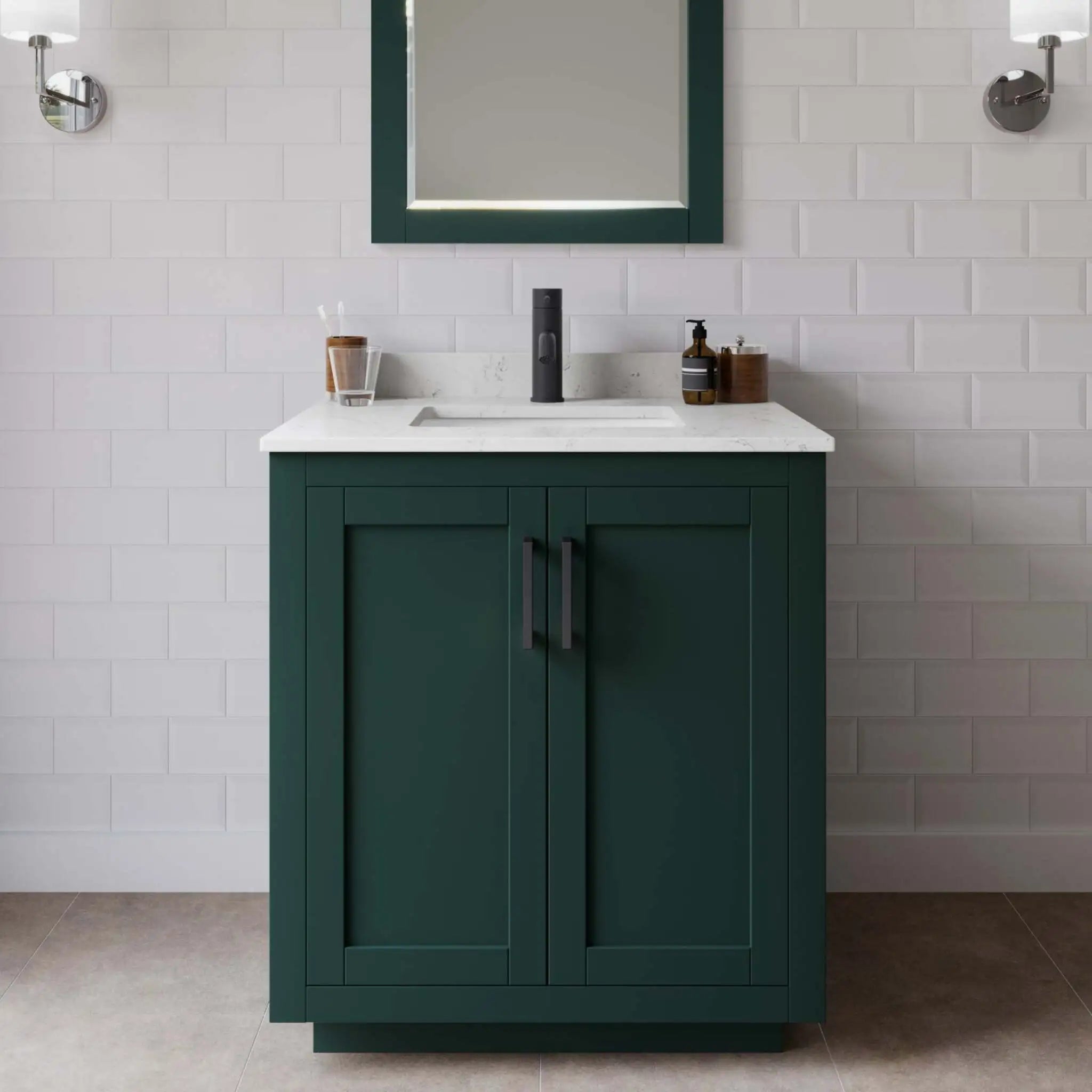 30" Miranda Single Bathroom Vanity in Green with Matte Black Trim & 24" Mirror by Wyndham