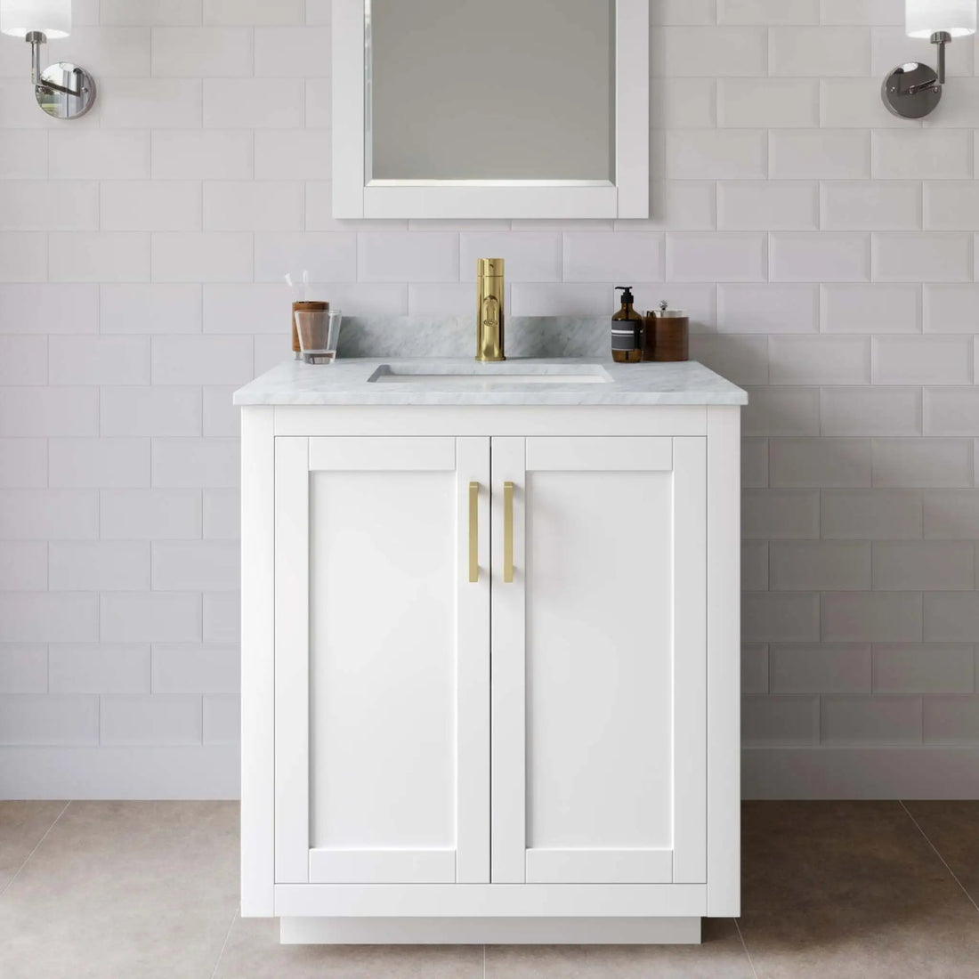 30" Miranda Single Bathroom Vanity in White with Brushed Gold Trim by Wyndham