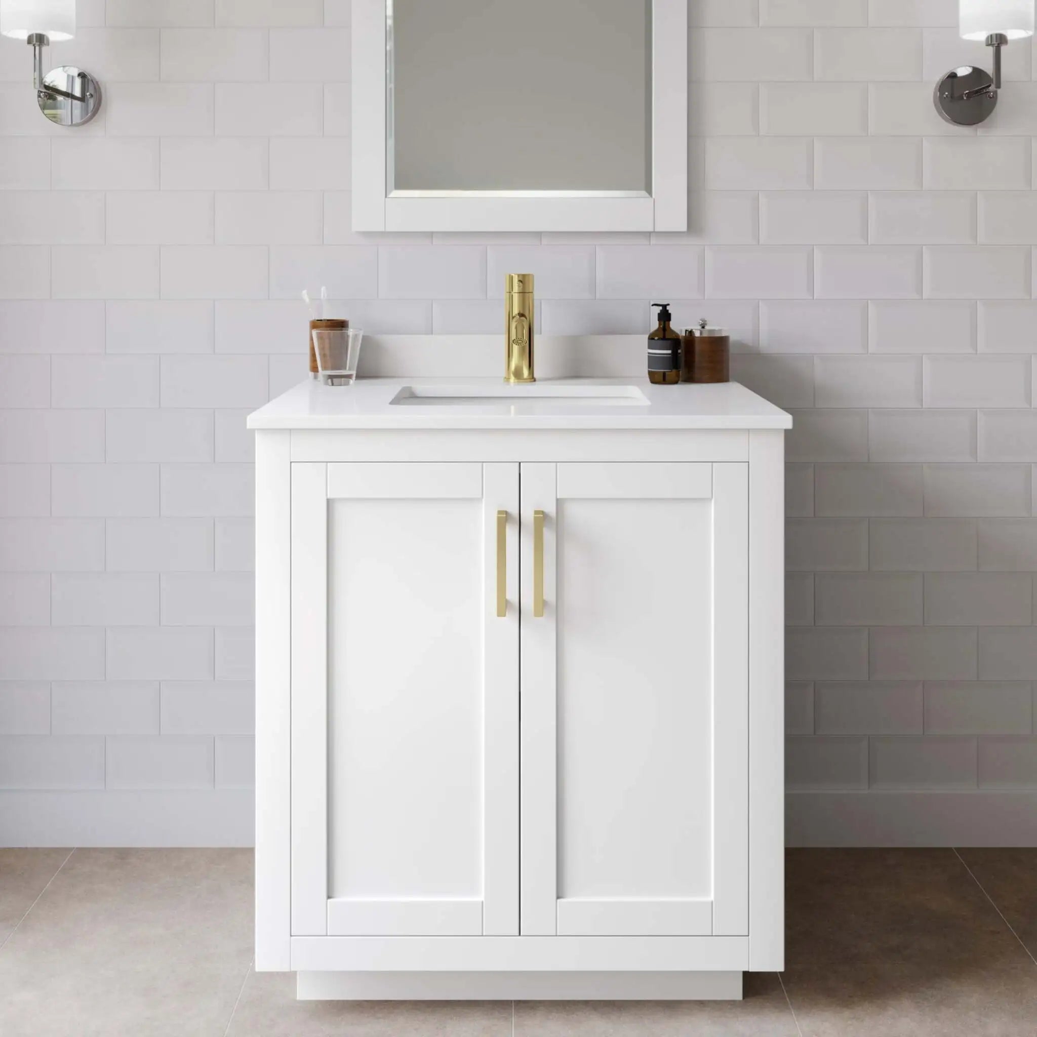 30" Miranda Single Bathroom Vanity in White with Brushed Gold Trim by Wyndham