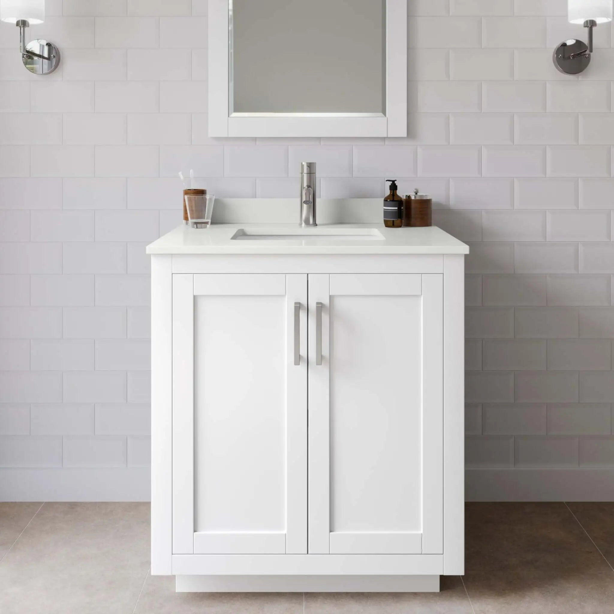 30" Miranda Single Bathroom Vanity in White with Brushed Nickel Trim & 24" Mirror by Wyndham