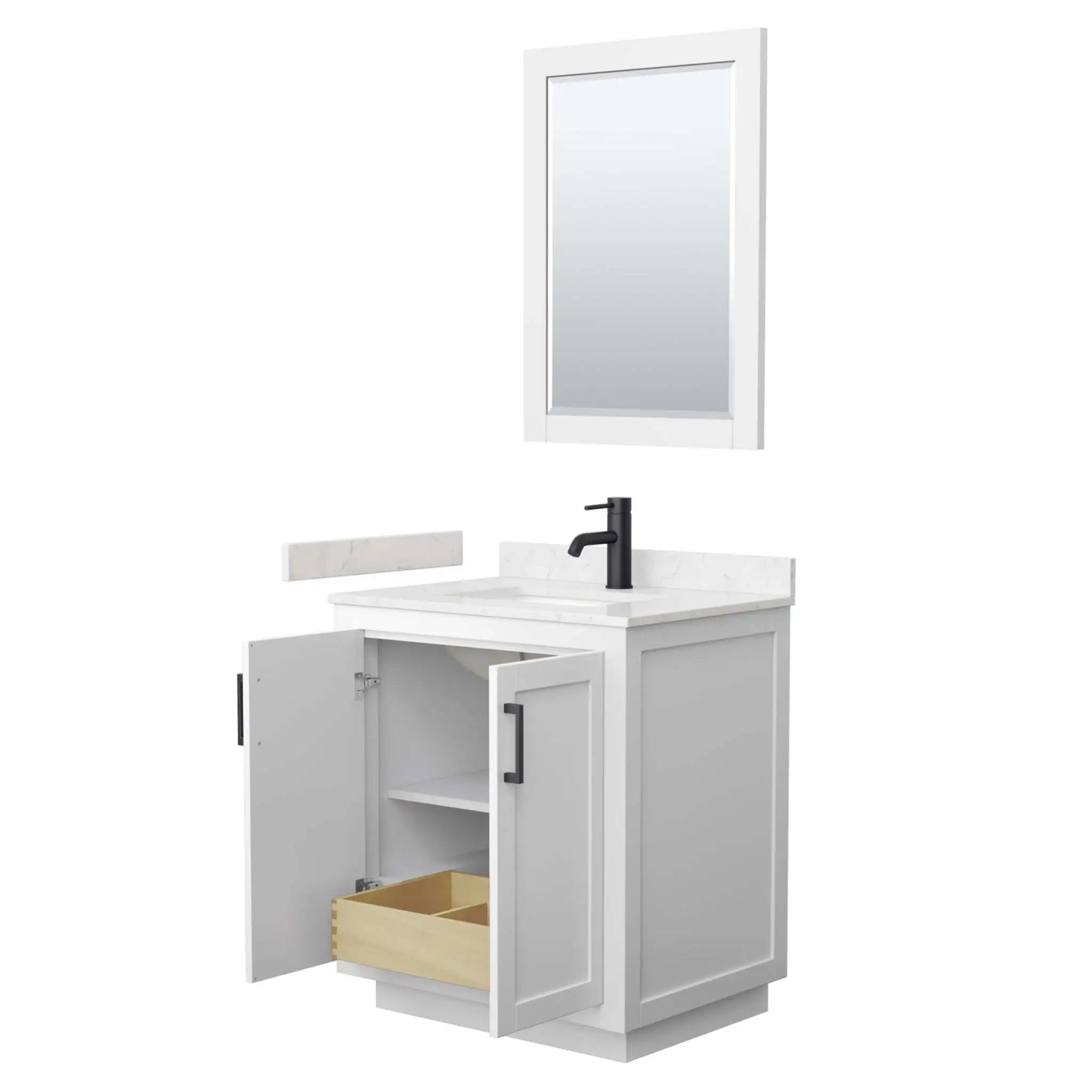 30" Miranda Single Bathroom Vanity in White with Matte Black Trim & 24" Mirror by Wyndham