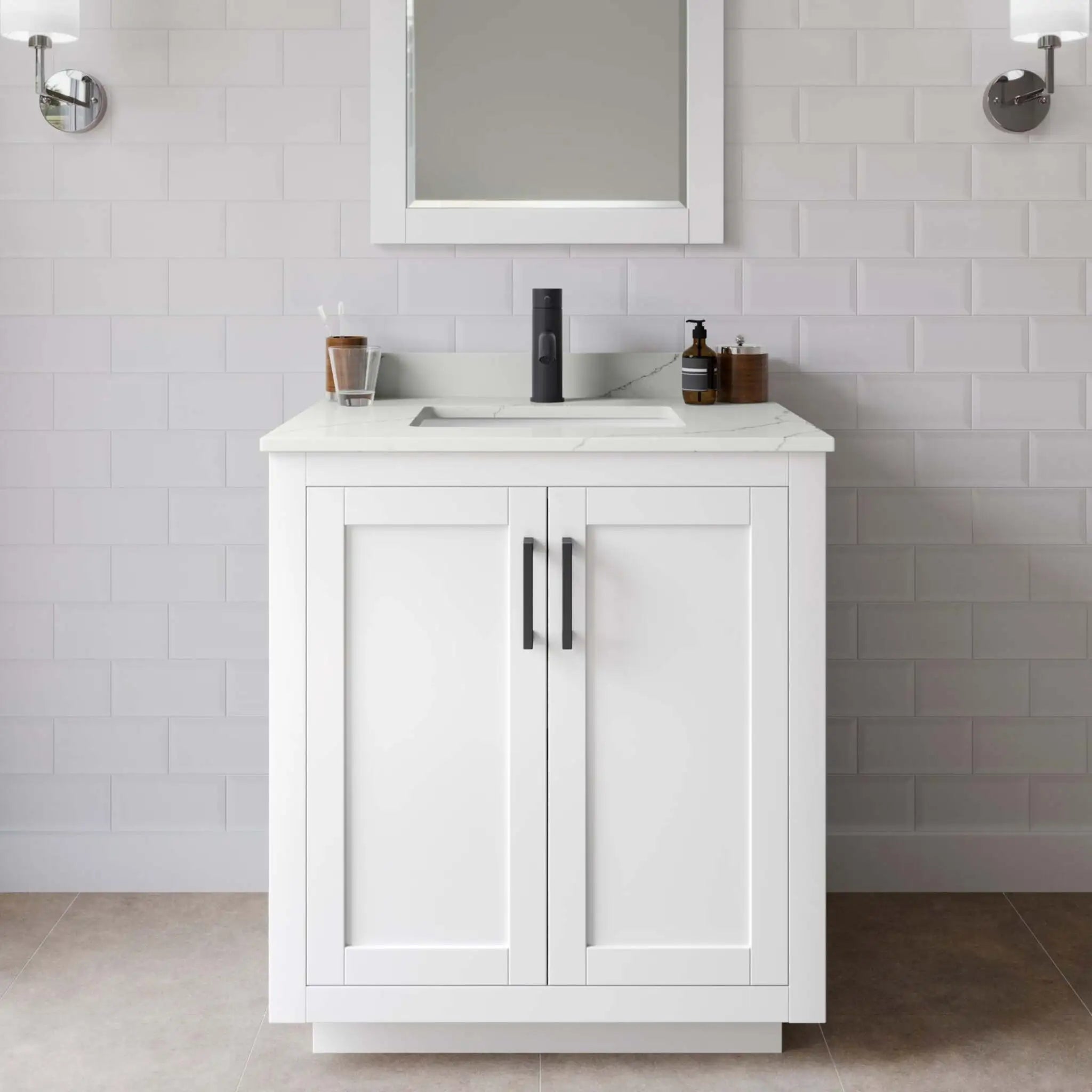 30" Miranda Single Bathroom Vanity in White with Matte Black Trim & 24" Mirror by Wyndham
