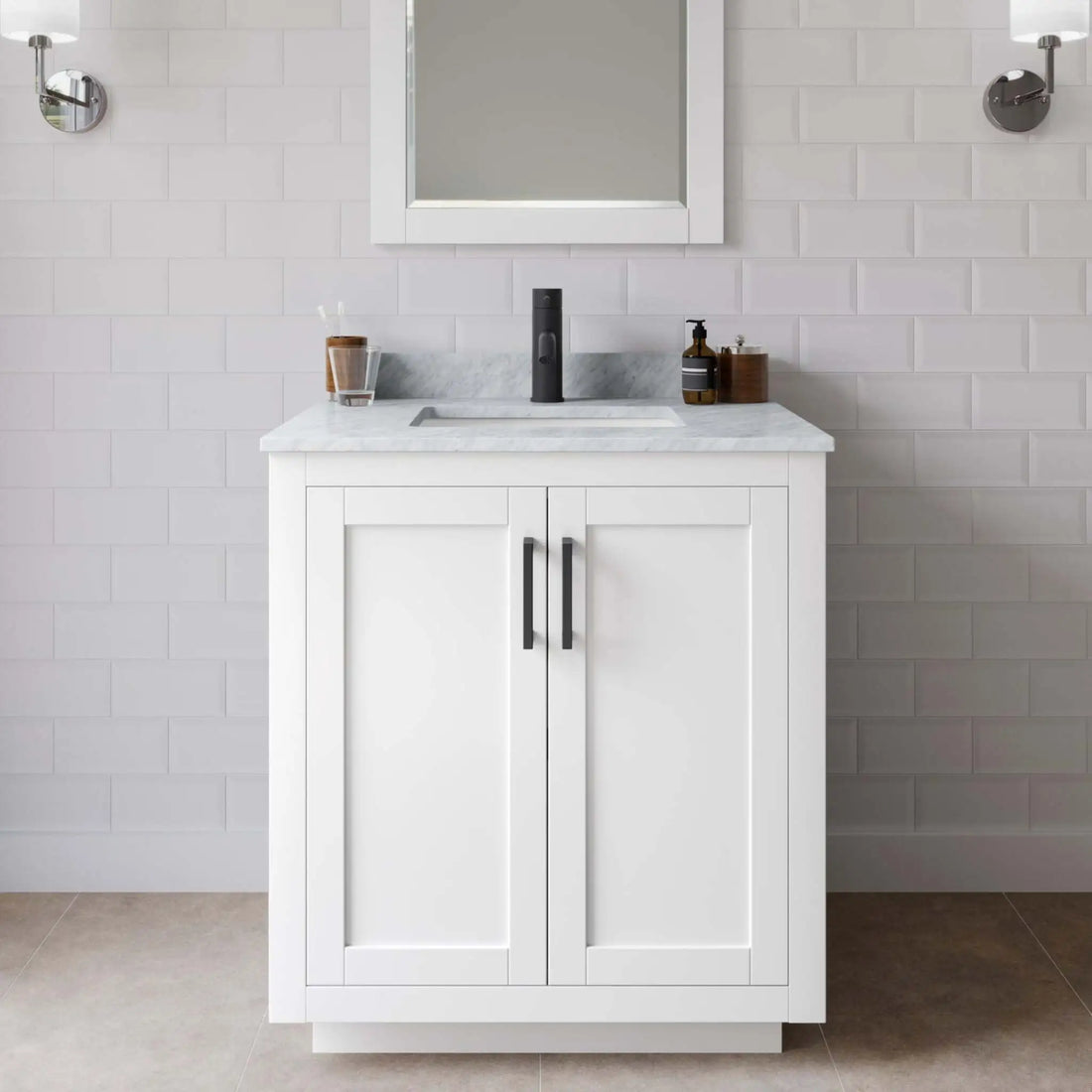 30" Miranda Single Bathroom Vanity in White with Matte Black Trim & 24" Mirror by Wyndham