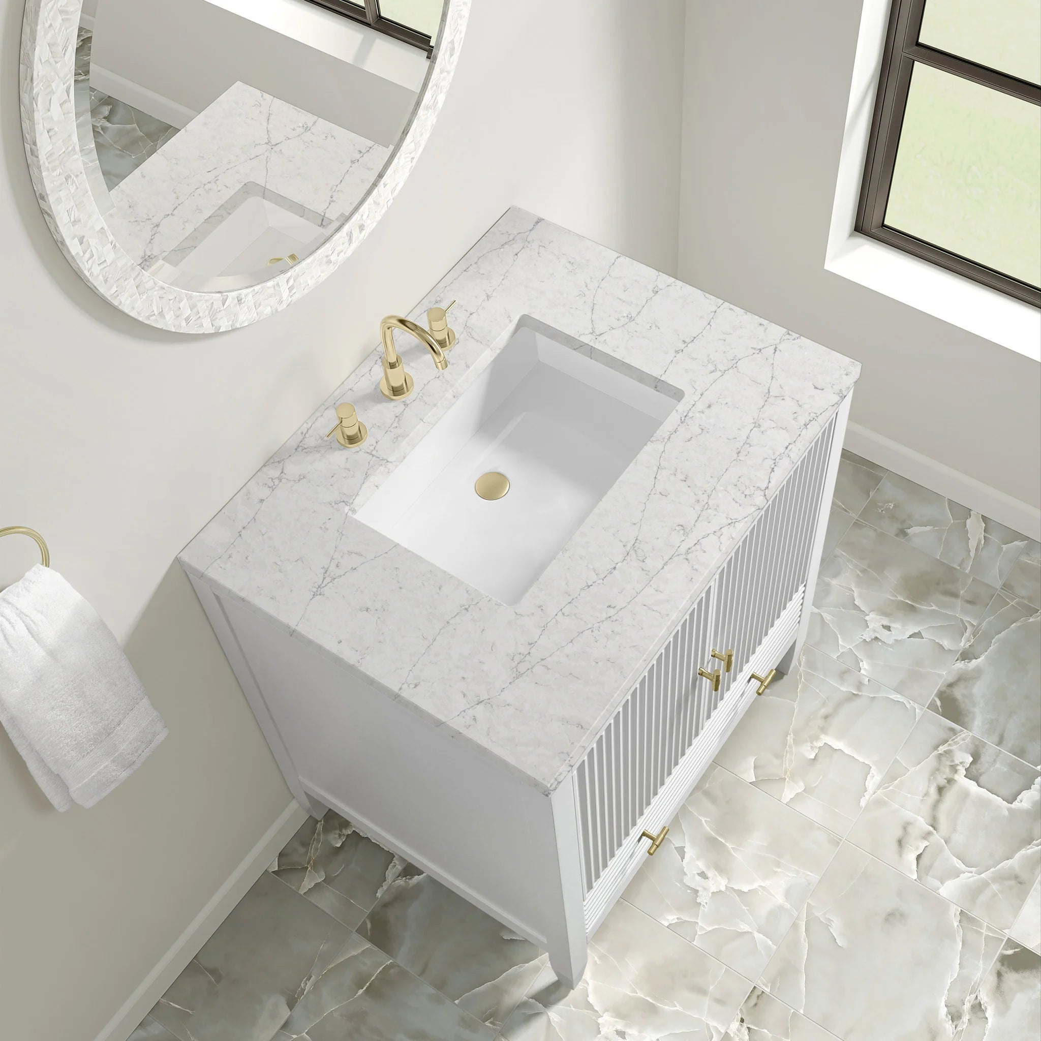 30" Myrrin Single Vanity in Bright White by James Martin Vanities-Eternal Jasmine Pearl Silestone 5