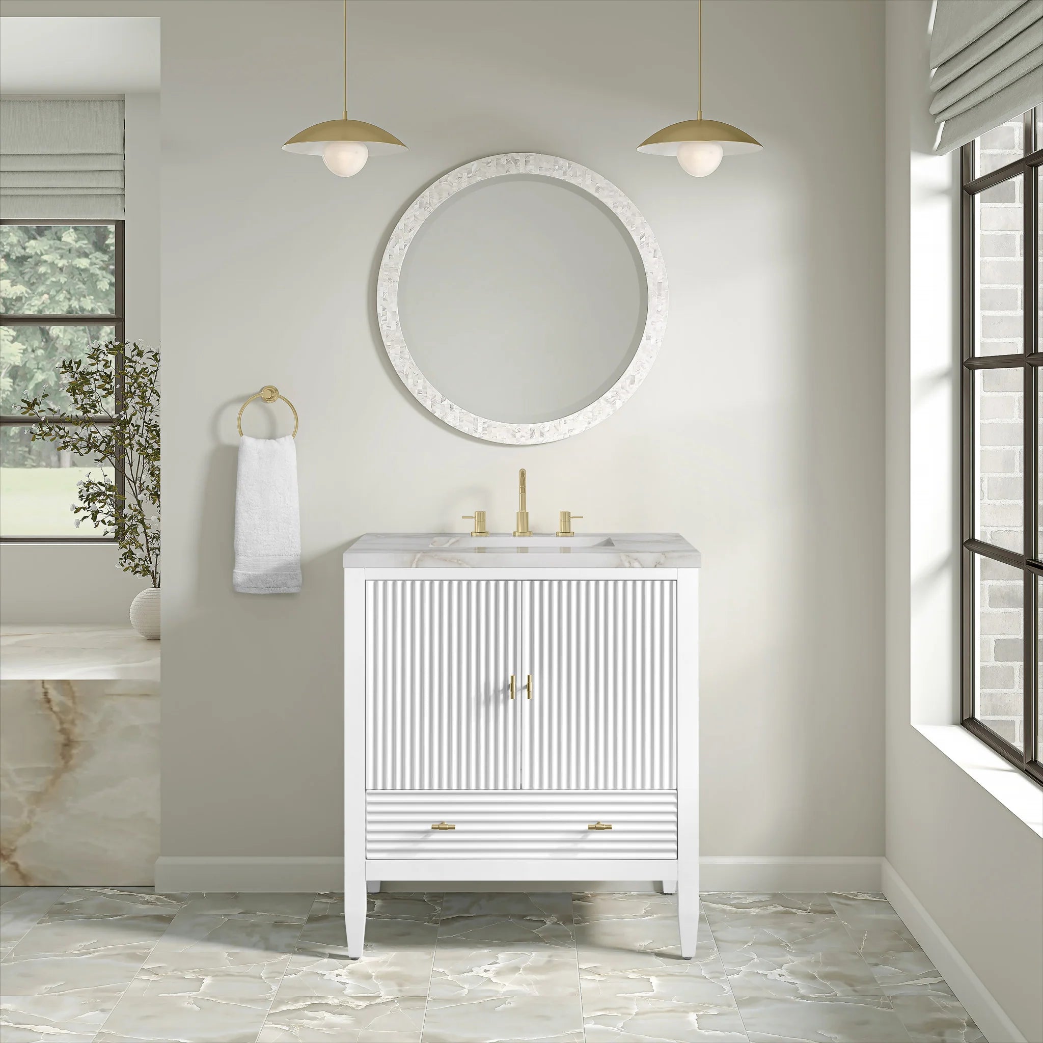 30" Myrrin Single Vanity in Bright White by James Martin Vanities-Victorian Silver Silestone 1