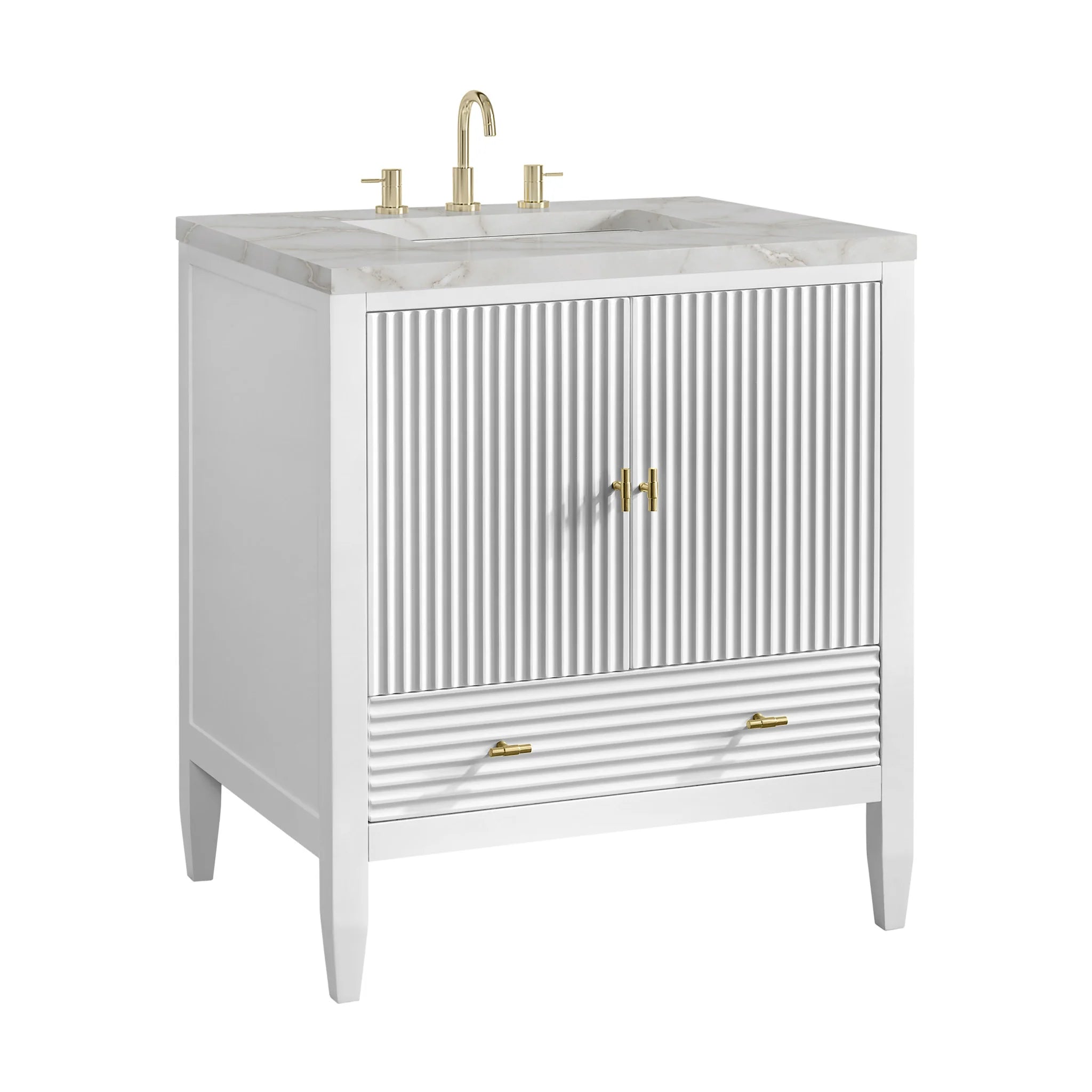 30" Myrrin Single Vanity in Bright White by James Martin Vanities-Victorian Silver Silestone 9