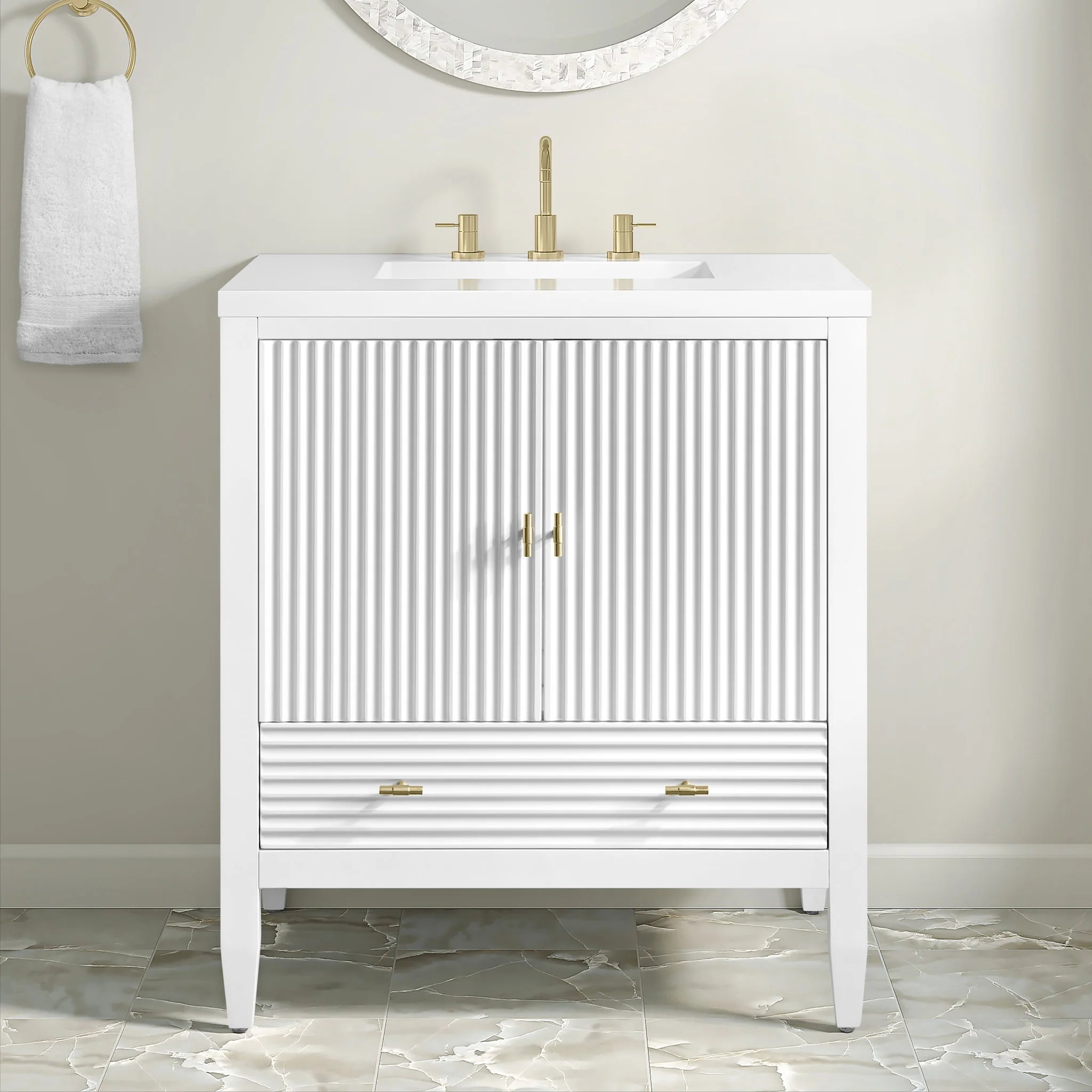 30" Myrrin Single Vanity in Bright White by James Martin Vanities-White Zeus Silestone 2