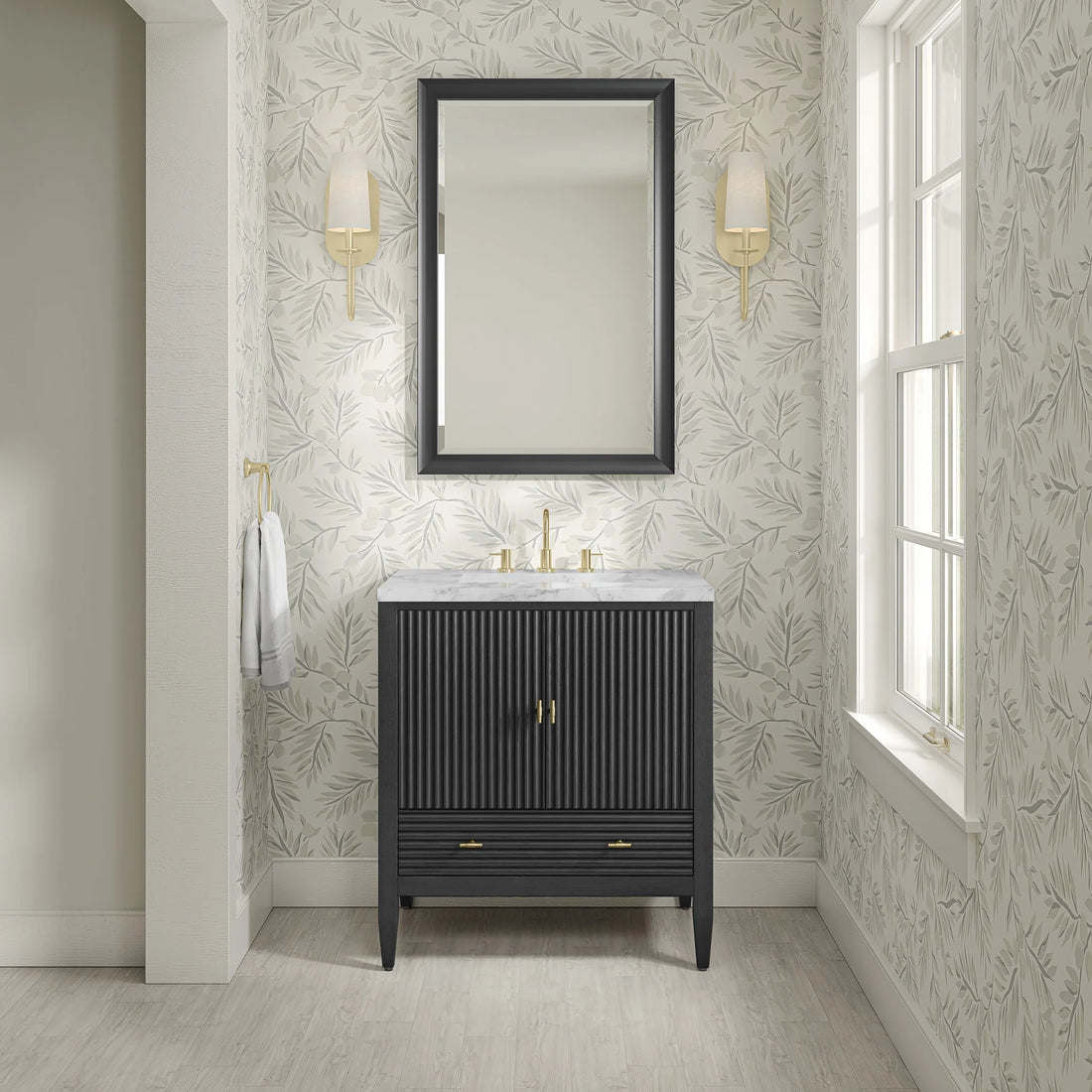 30" Myrrin Single Vanity in Carbon Oak by James Martin Vanities-Carrara White Marble 1
