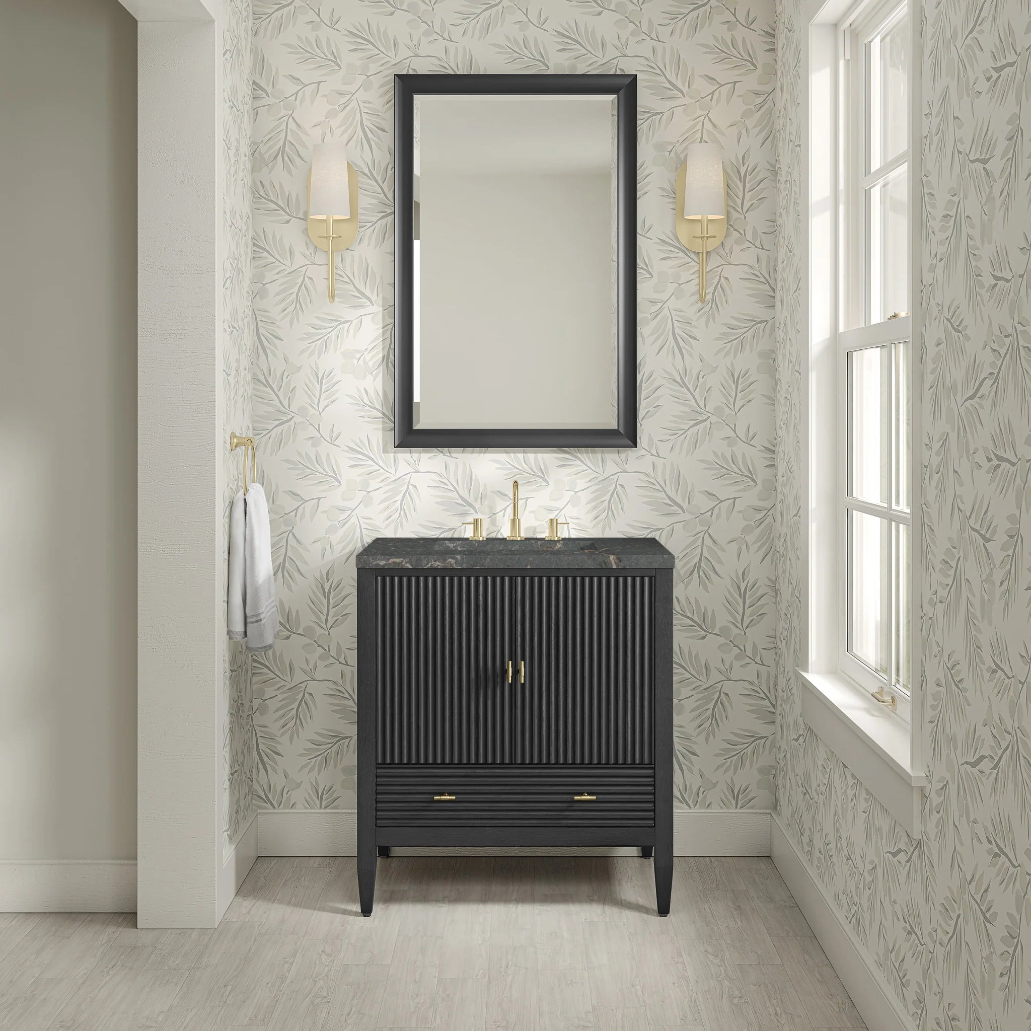 30" Myrrin Single Vanity in Carbon Oak by James Martin Vanities-Parisien Bleu Silestone 1