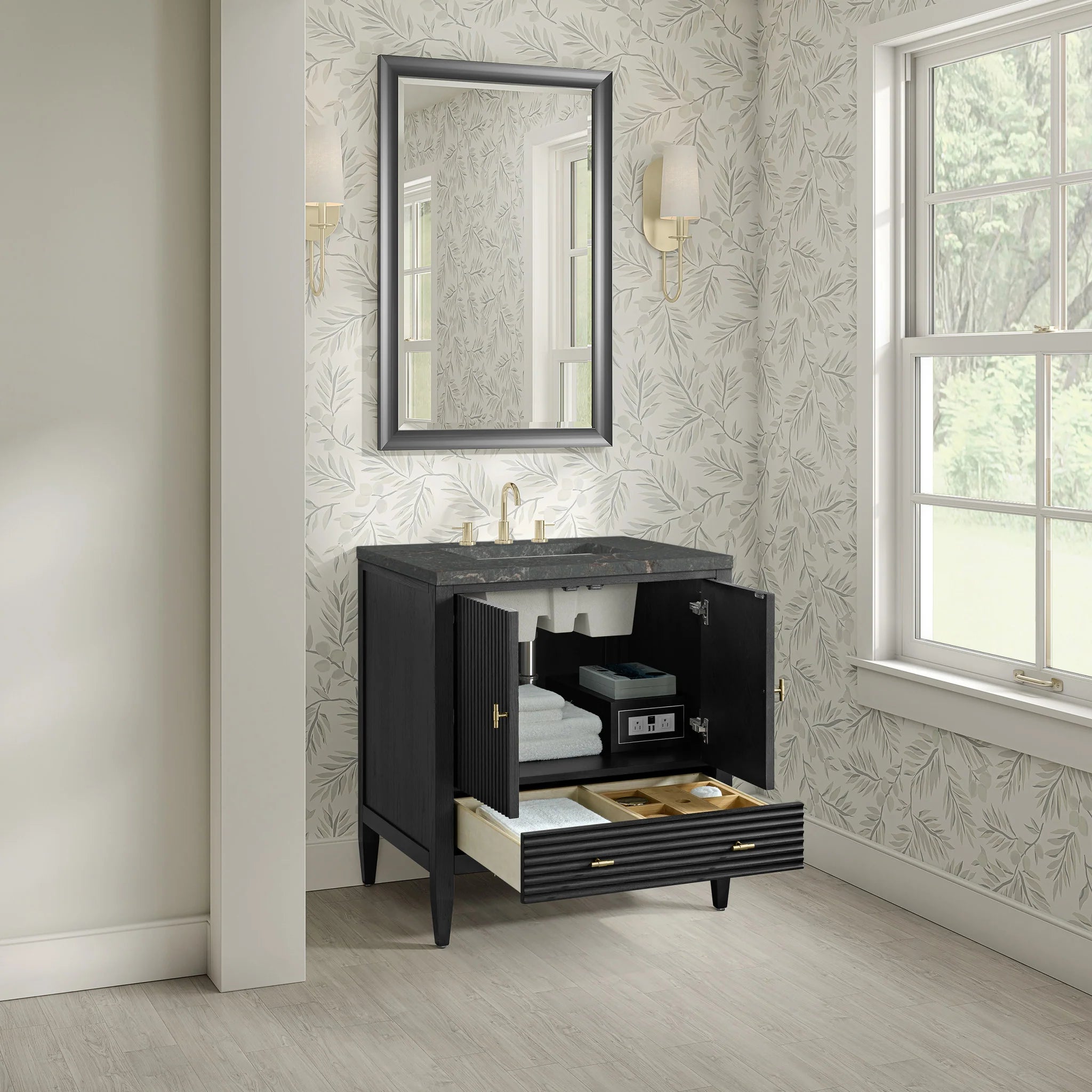 30" Myrrin Single Vanity in Carbon Oak by James Martin Vanities-Parisien Bleu Silestone 3