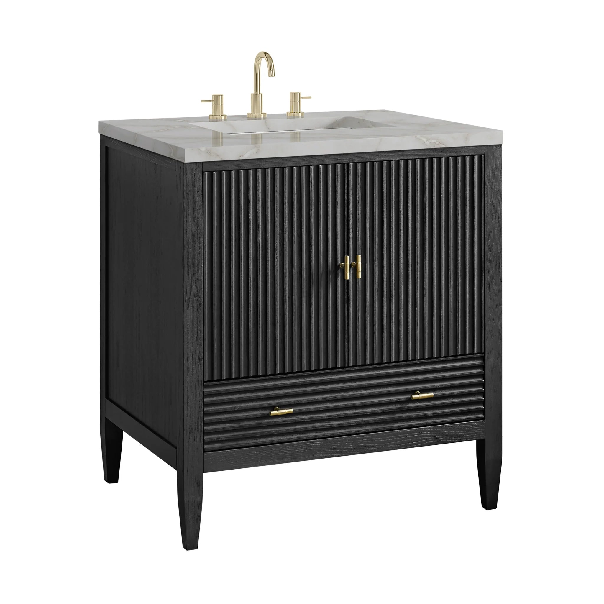 30" Myrrin Single Vanity in Carbon Oak by James Martin Vanities-Victorian Silver Silestone 9