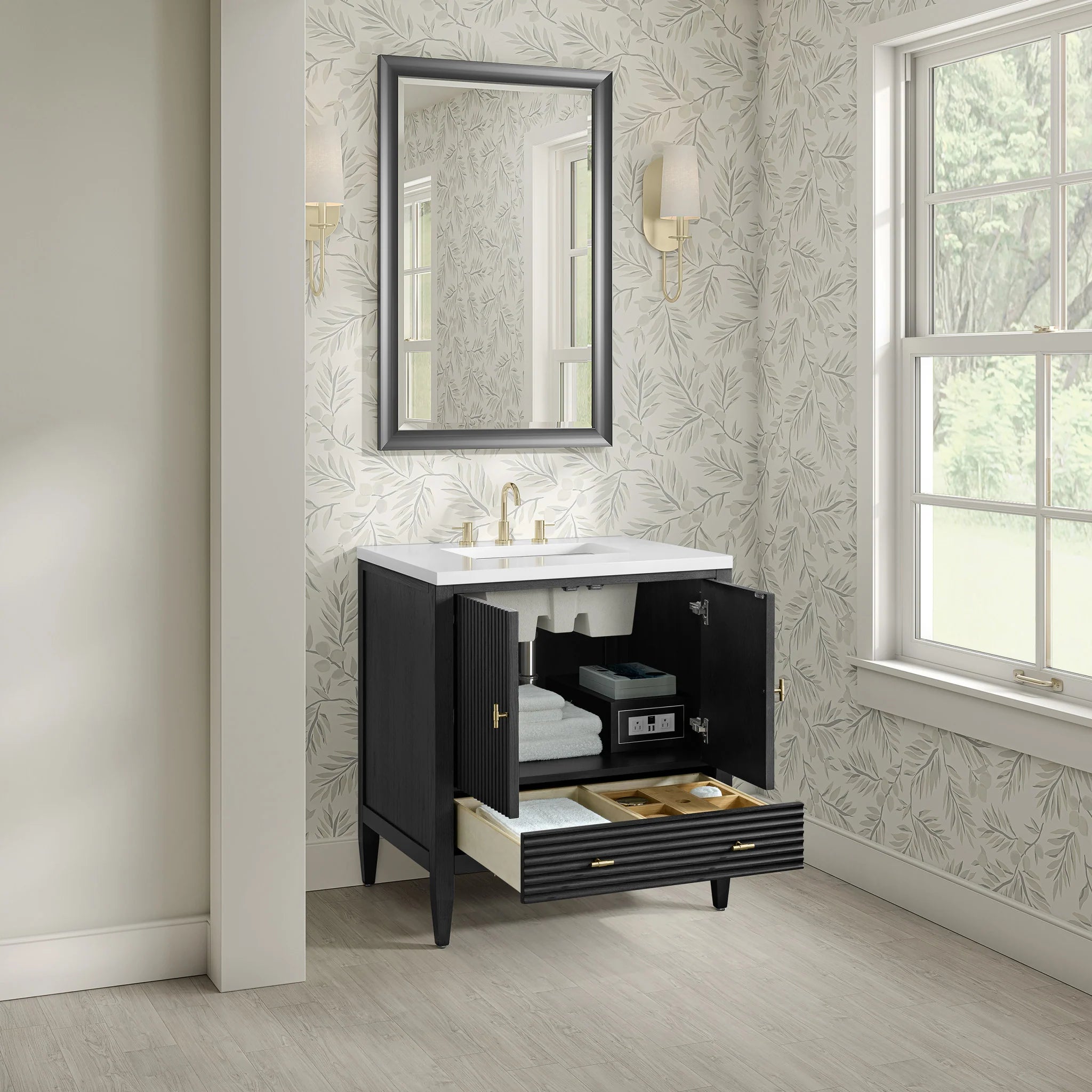30" Myrrin Single Vanity in Carbon Oak by James Martin Vanities-White Zeus Silestone 6