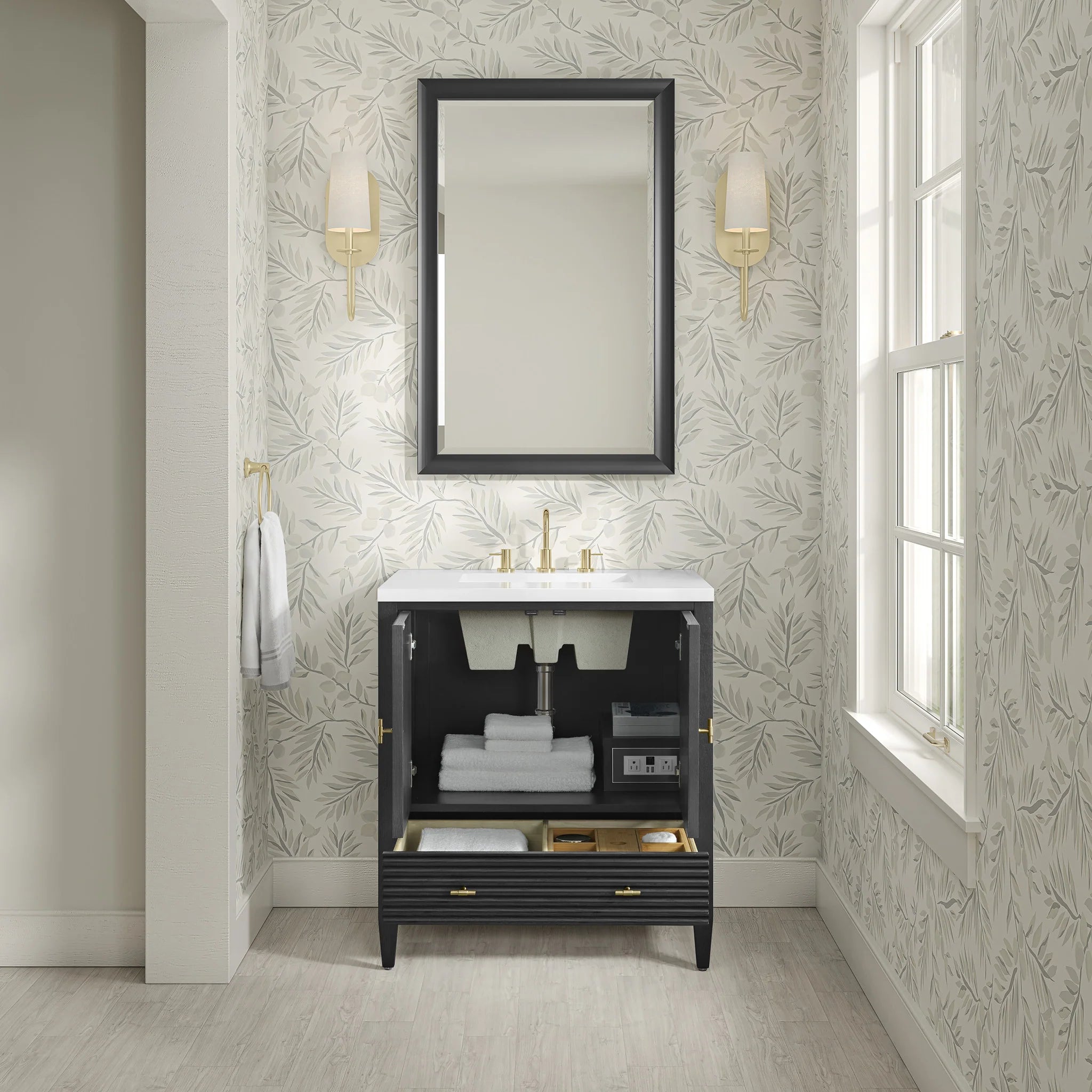 30" Myrrin Single Vanity in Carbon Oak by James Martin Vanities-White Zeus Silestone 7