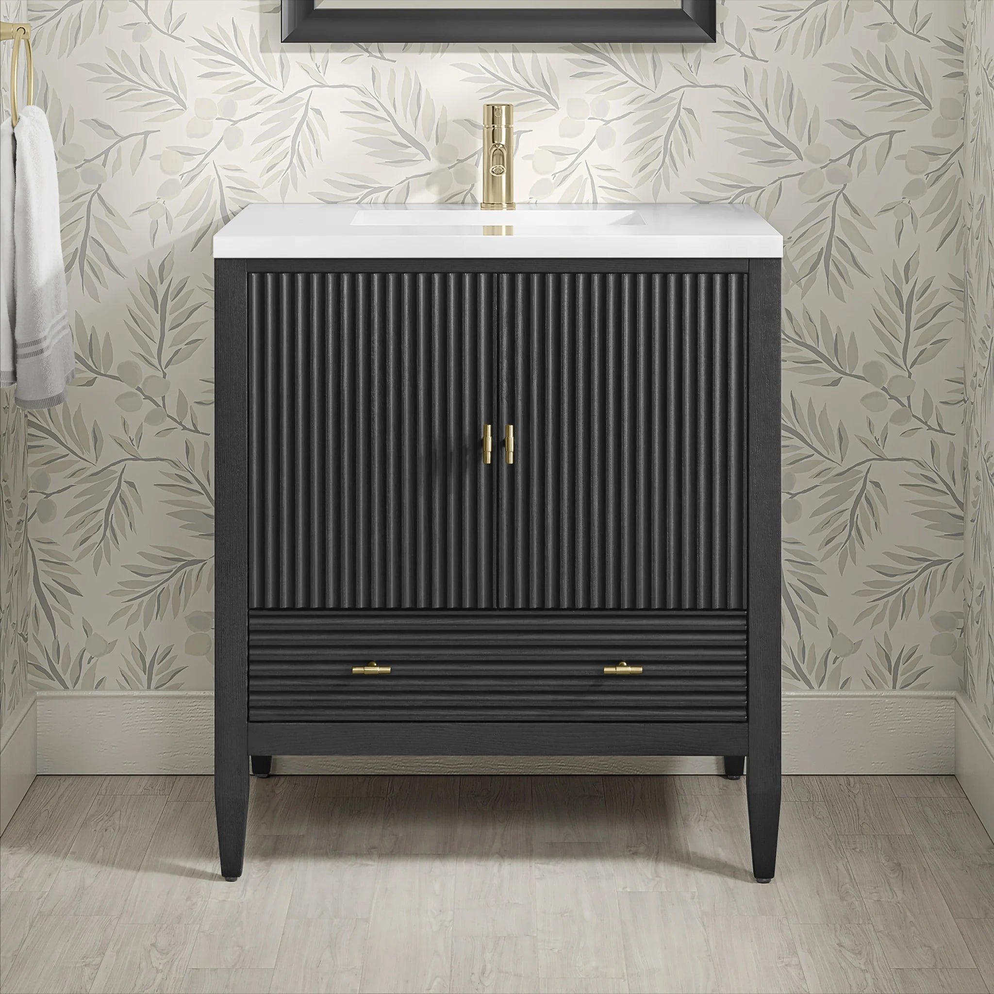 30" Myrrin Single Vanity in Carbon Oak by James Martin Vanities-White Zeus Silestone & Backsplash 3