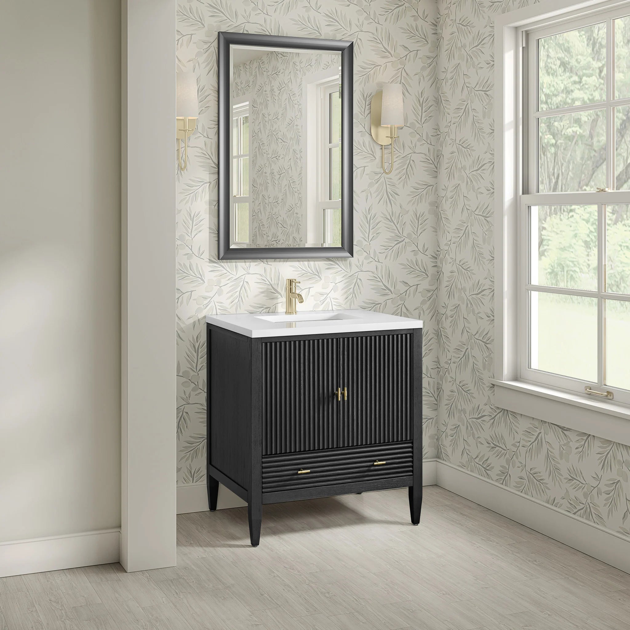 30" Myrrin Single Vanity in Carbon Oak by James Martin Vanities-White Zeus Silestone & Backsplash 5