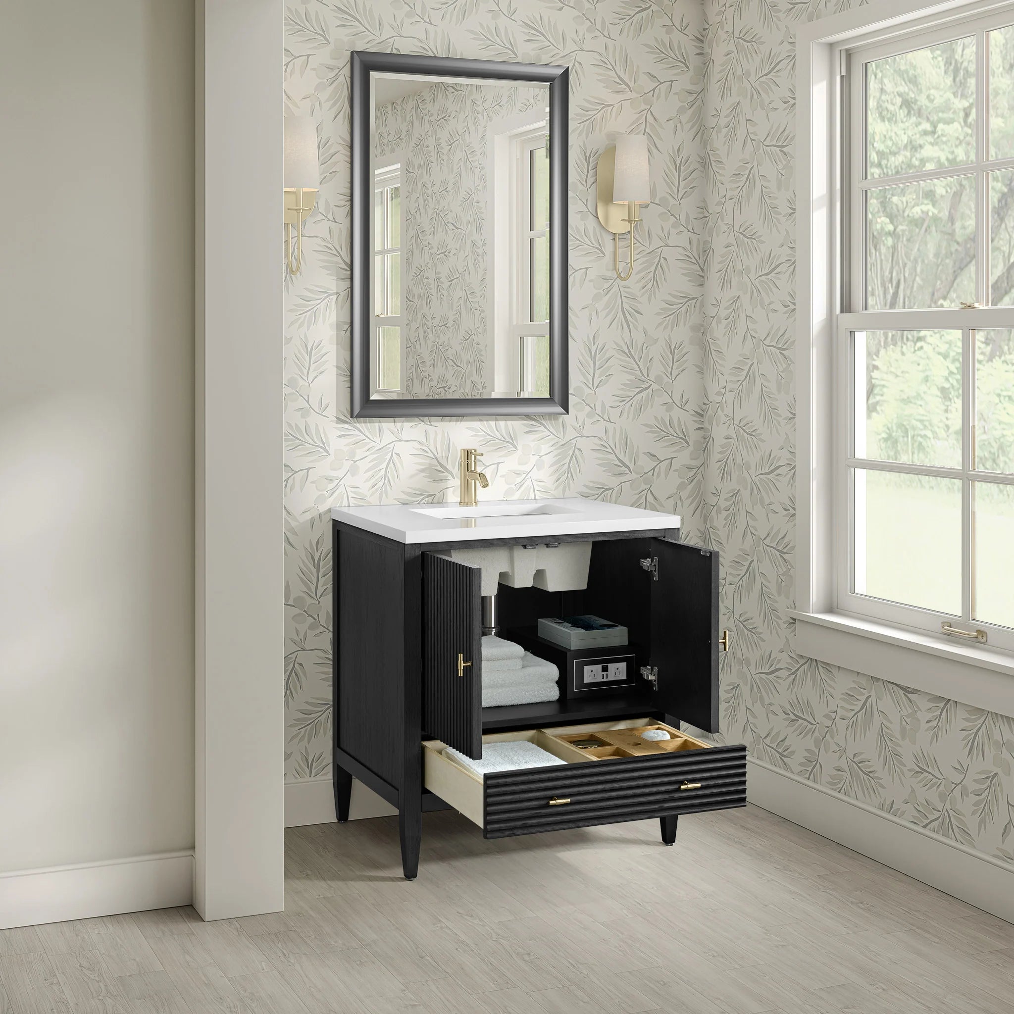 30" Myrrin Single Vanity in Carbon Oak by James Martin Vanities-White Zeus Silestone & Backsplash 6