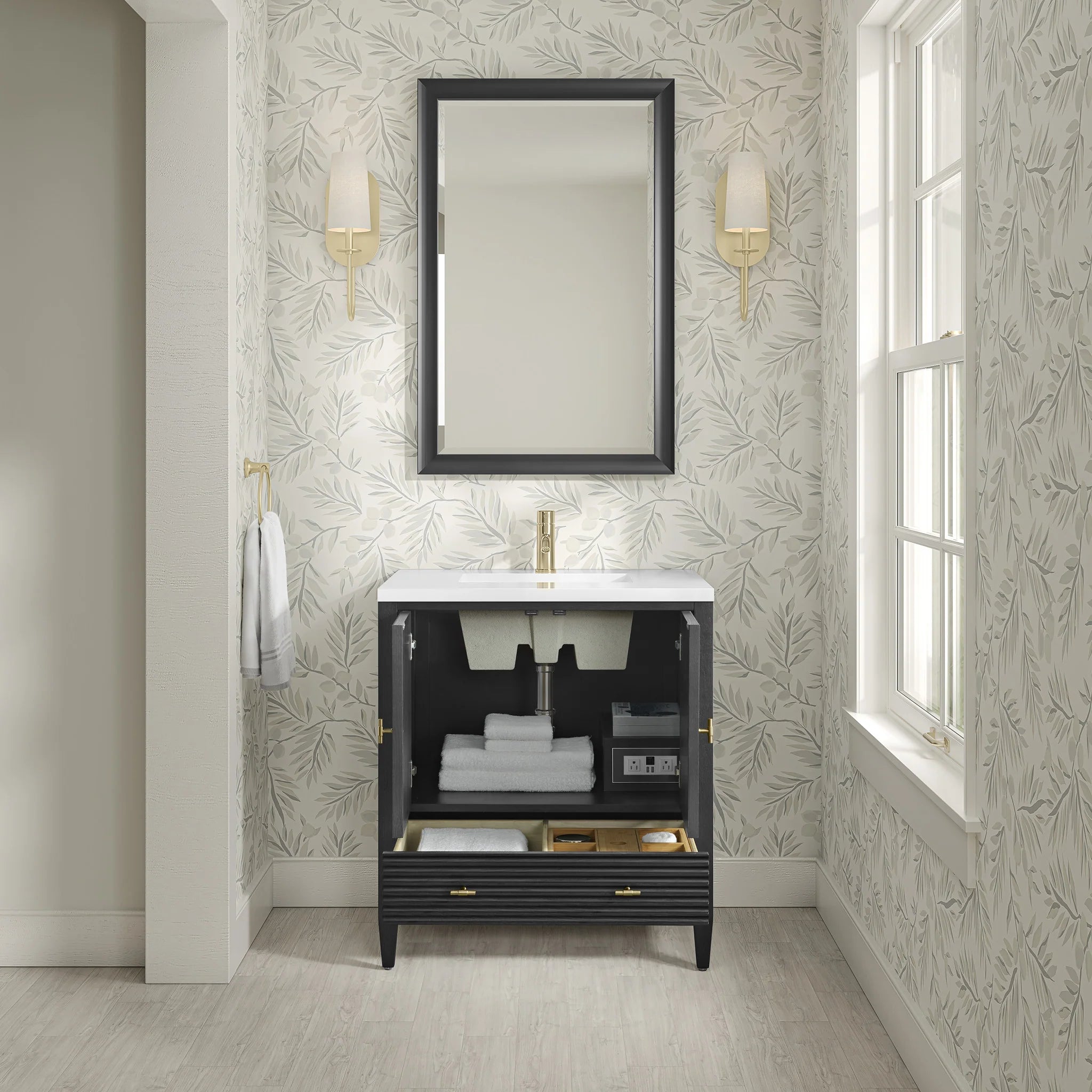 30" Myrrin Single Vanity in Carbon Oak by James Martin Vanities-White Zeus Silestone & Backsplash 7