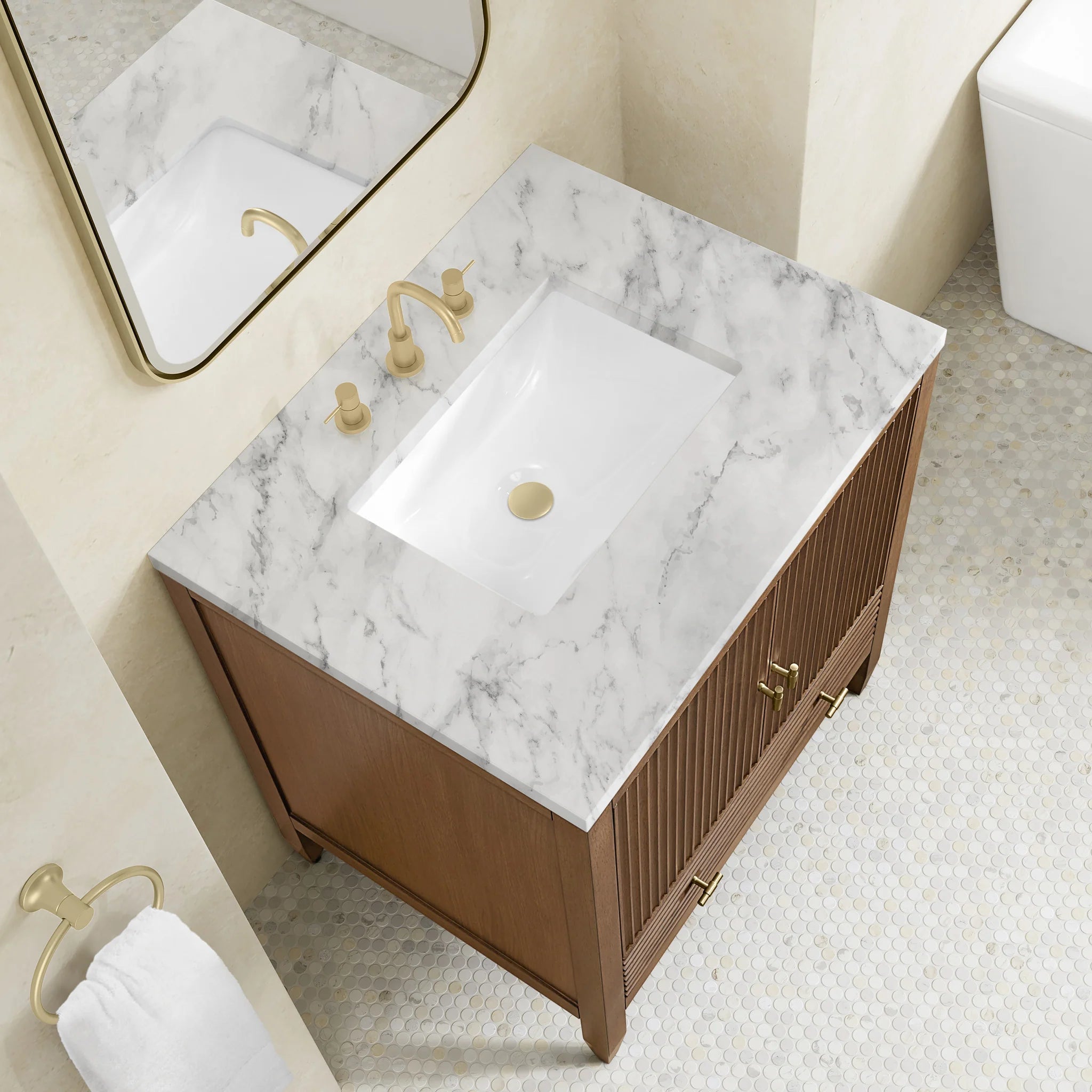 30" Myrrin Single Vanity in Mid-Century Walnut by James Martin Vanities-Carrara White Marble 5