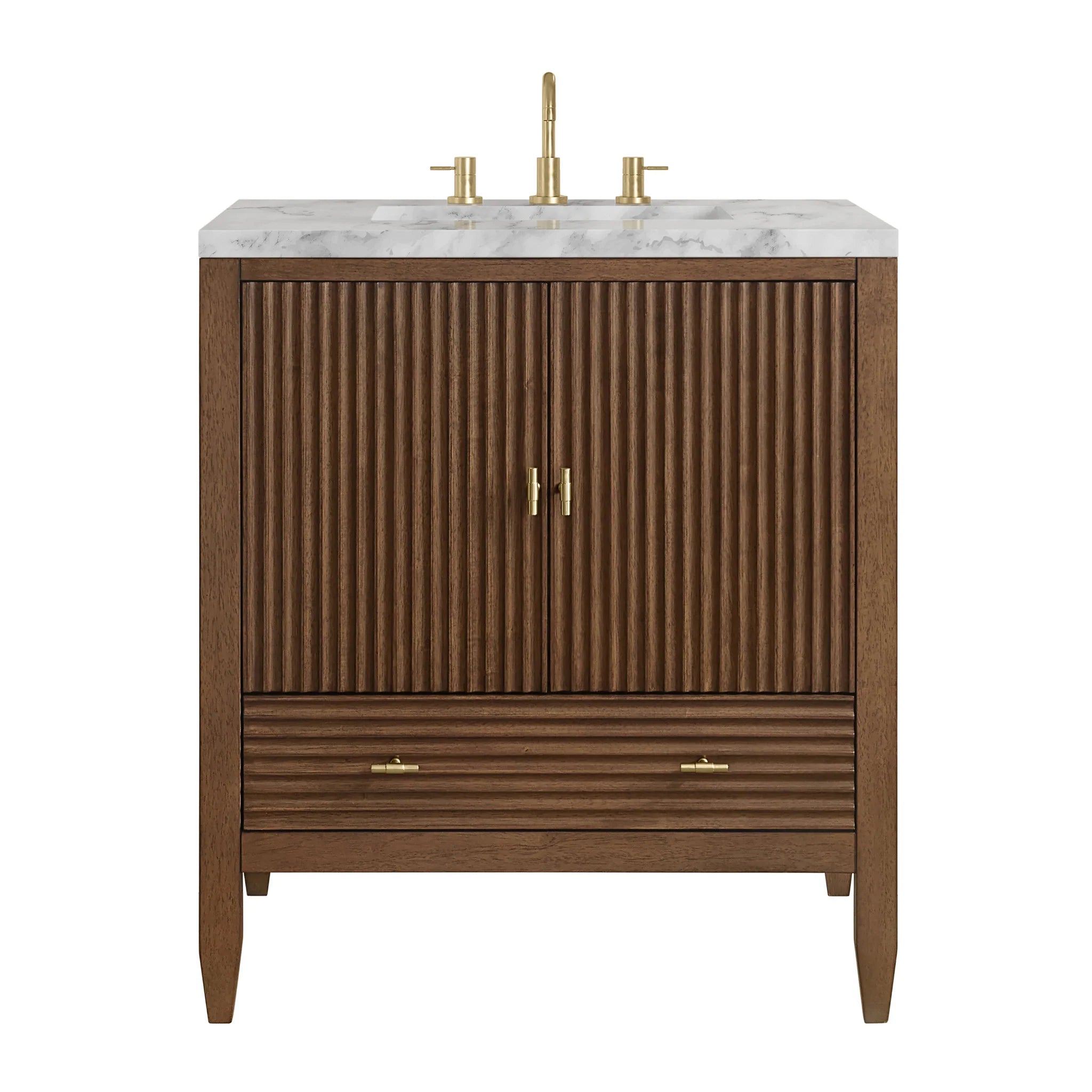 30" Myrrin Single Vanity in Mid-Century Walnut by James Martin Vanities-Carrara White Marble 