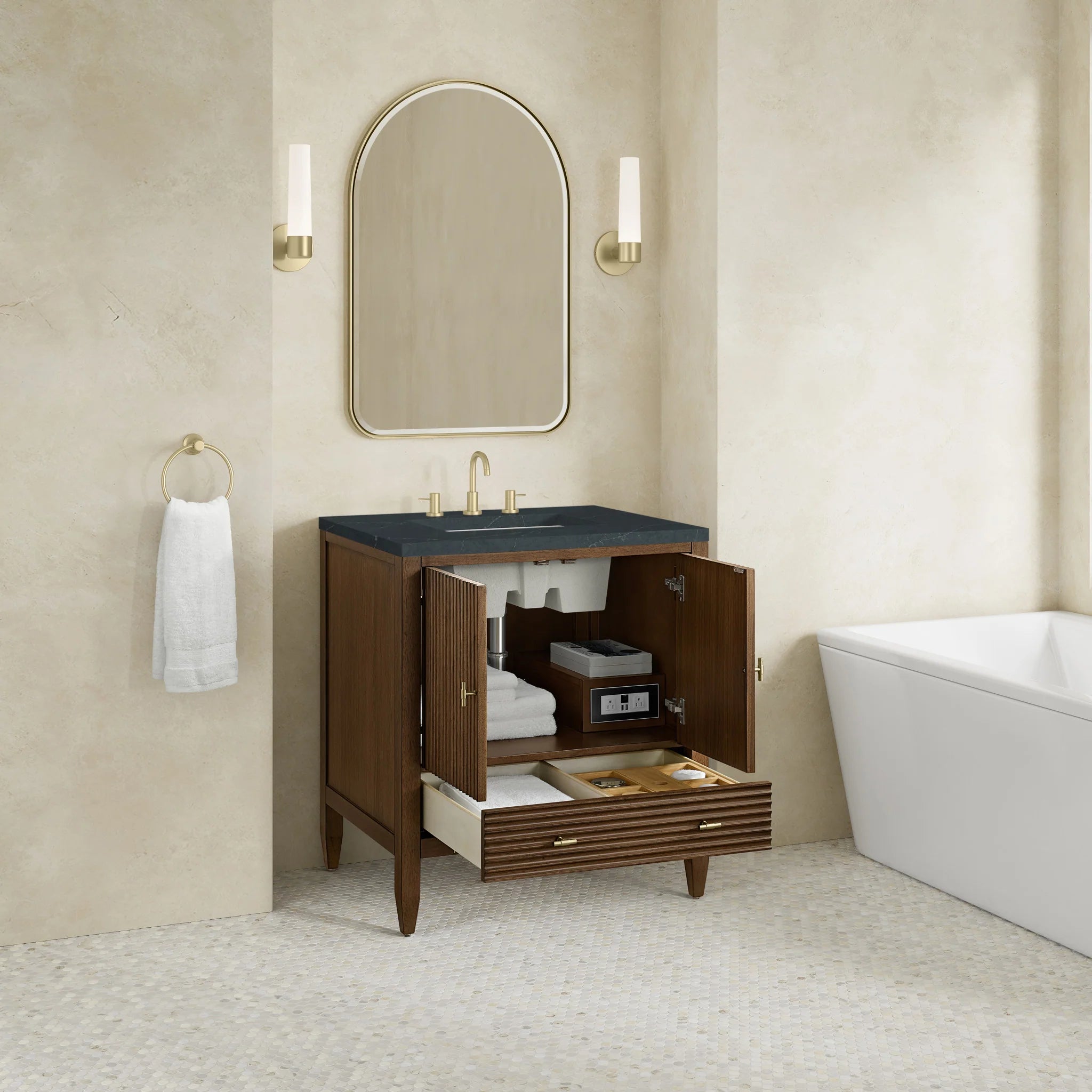 30" Myrrin Single Vanity in Mid-Century Walnut by James Martin Vanities-Charcoal Soapstone Silestone 3