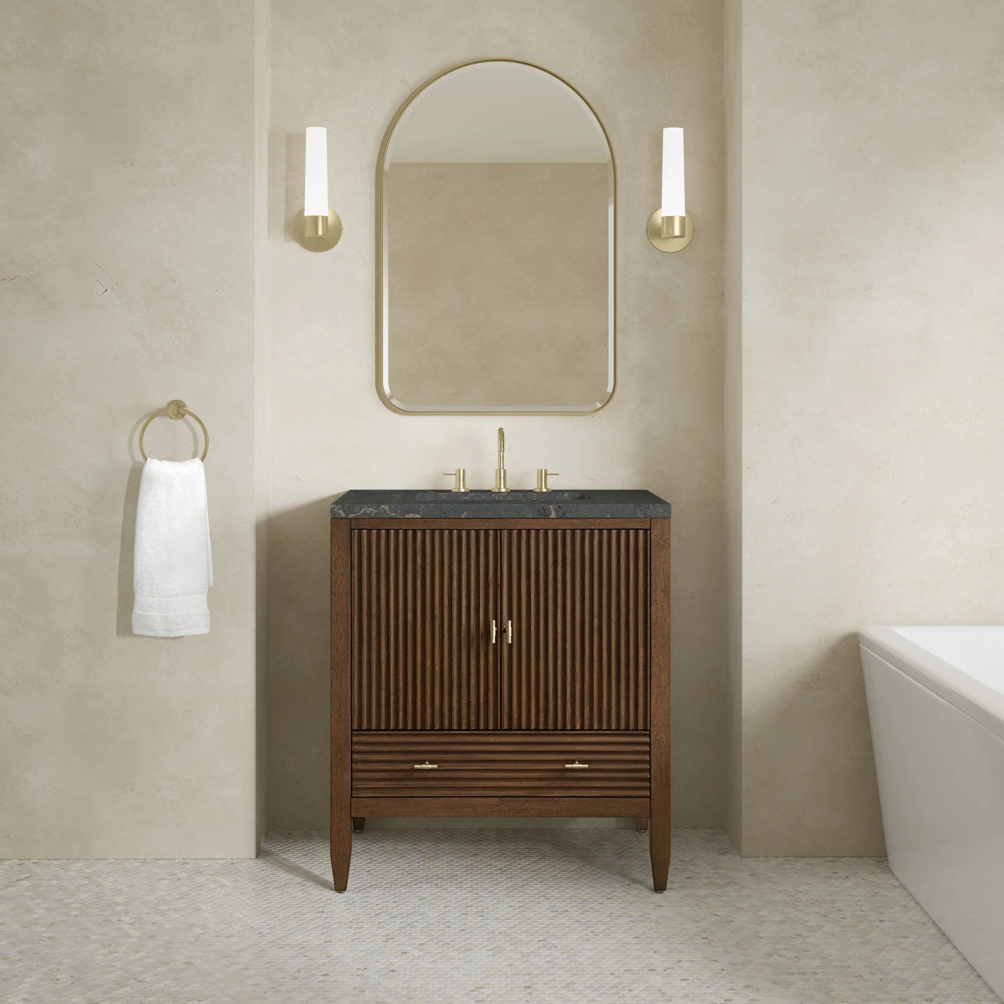30" Myrrin Single Vanity in Mid-Century Walnut by James Martin Vanities-Parisien Bleu Silestone 1