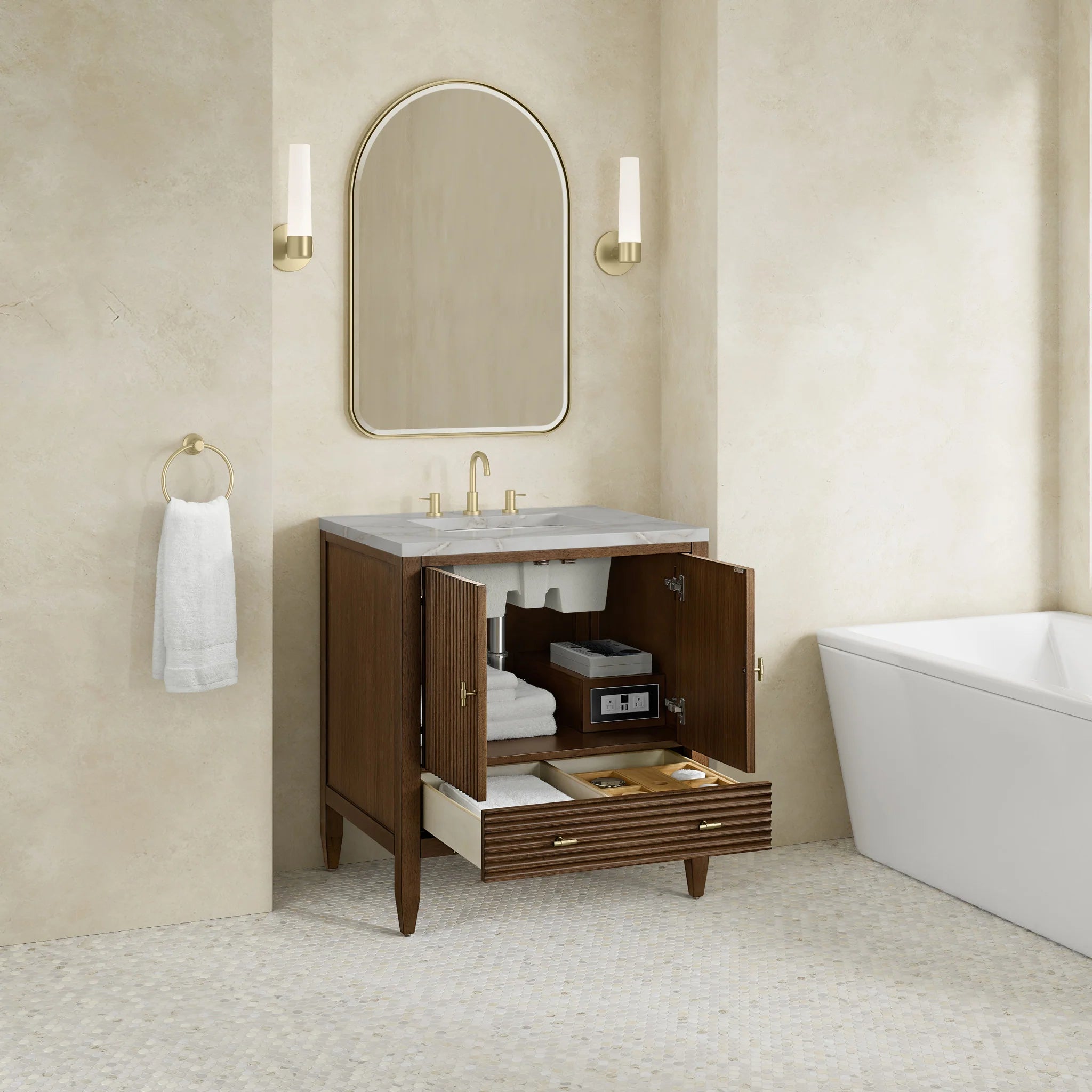 30" Myrrin Single Vanity in Mid-Century Walnut by James Martin Vanities-Victorian Silver Silestone 3
