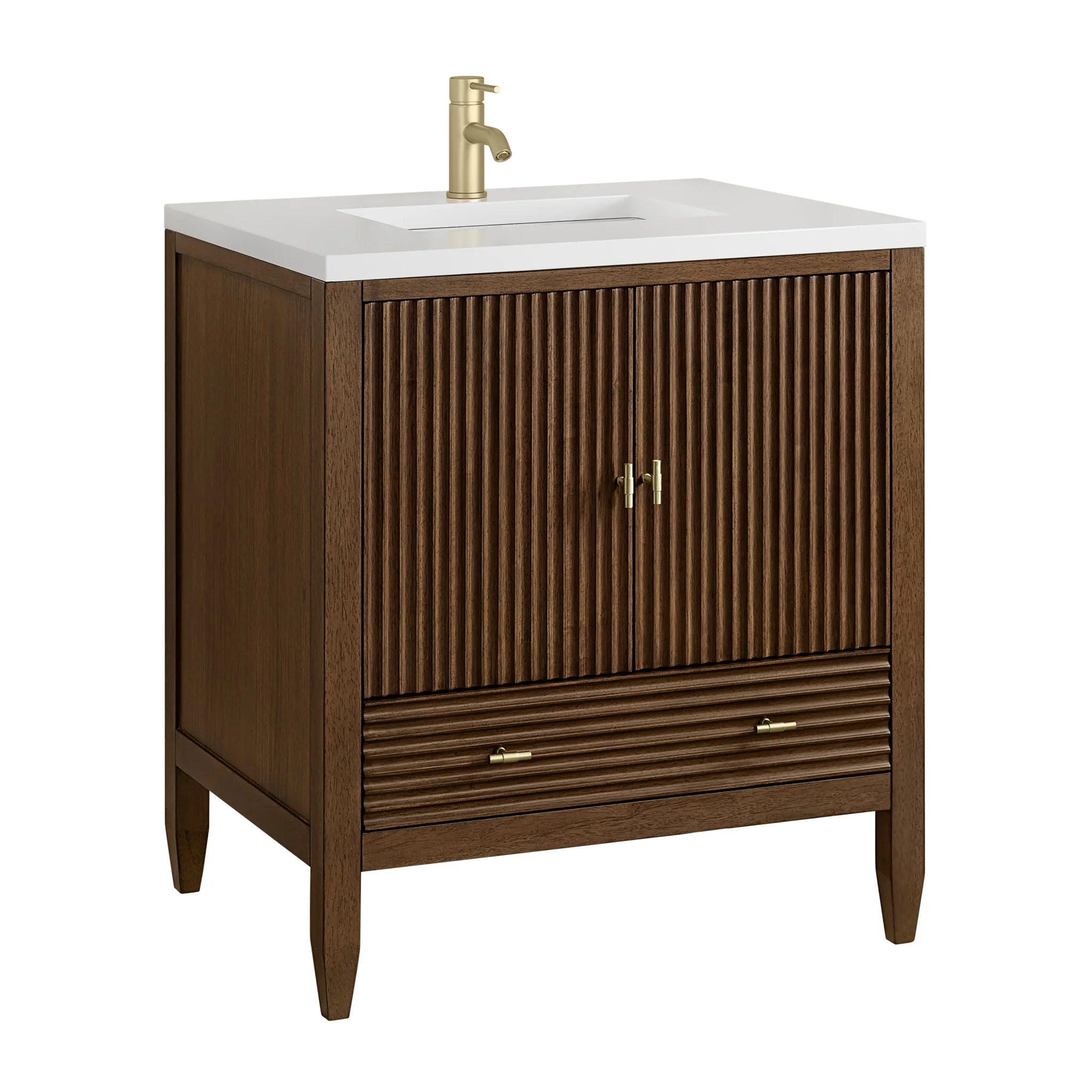 30" Myrrin Single Vanity in Mid-Century Walnut by James Martin Vanities-White Zeus Silestone & Backsplash 13
