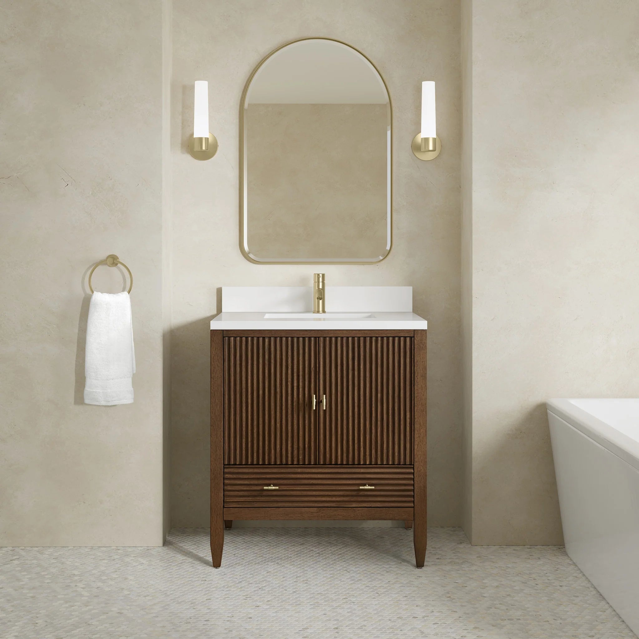 30" Myrrin Single Vanity in Mid-Century Walnut by James Martin Vanities-White Zeus Silestone & Backsplash 4