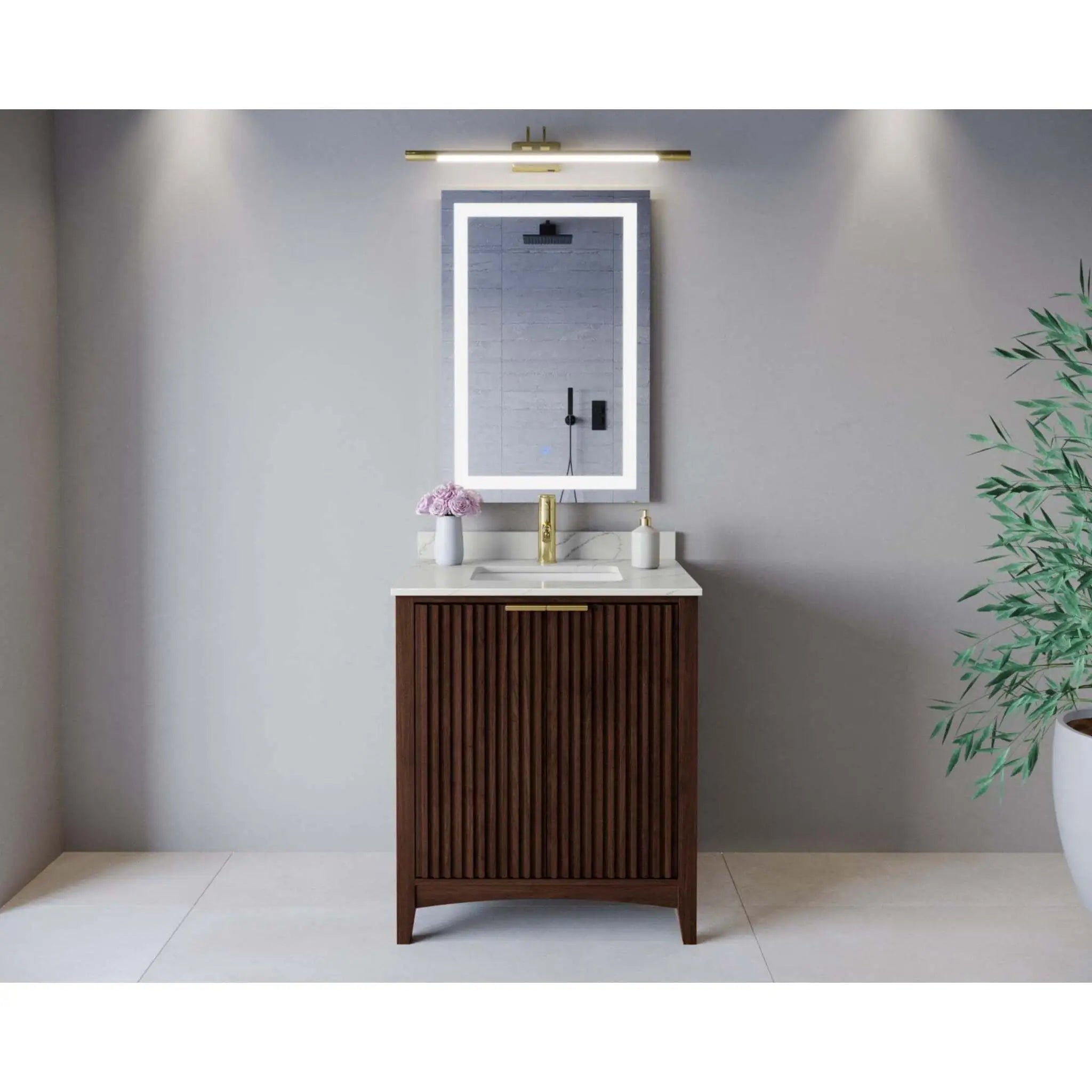 30" Palmilla Single Bathroom Vanity in Dark Walnut with Brushed Gold Trim by Wyndham