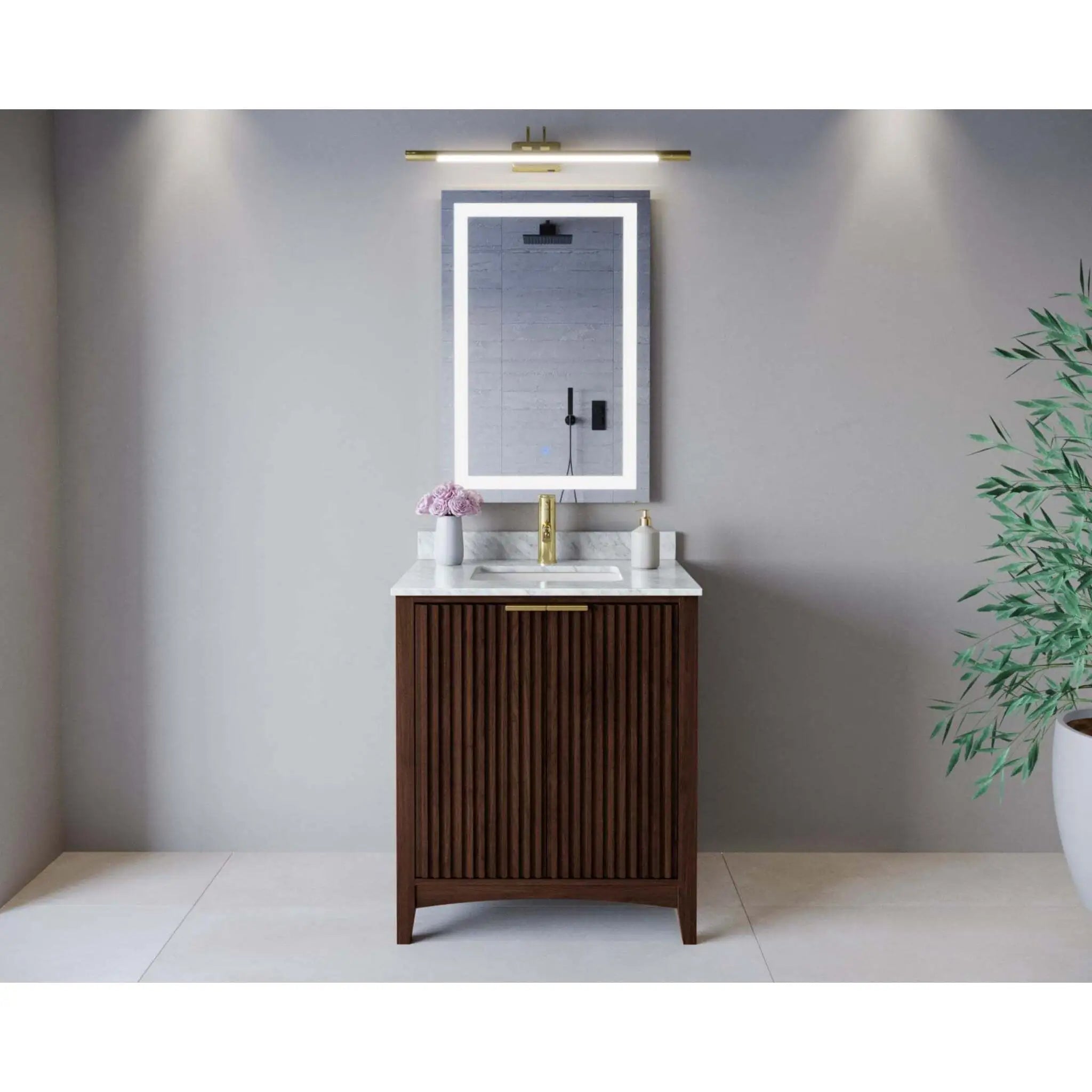 30" Palmilla Single Bathroom Vanity in Dark Walnut with Brushed Gold Trim by Wyndham