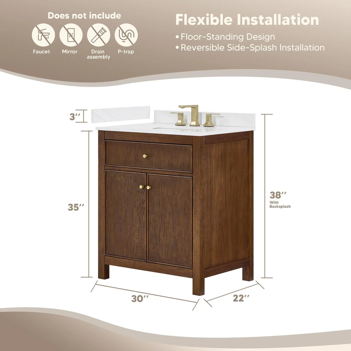 30" Pendry Single Bathroom Vanity Dark Walnut Brushed Gold Trim by wyndham View 34