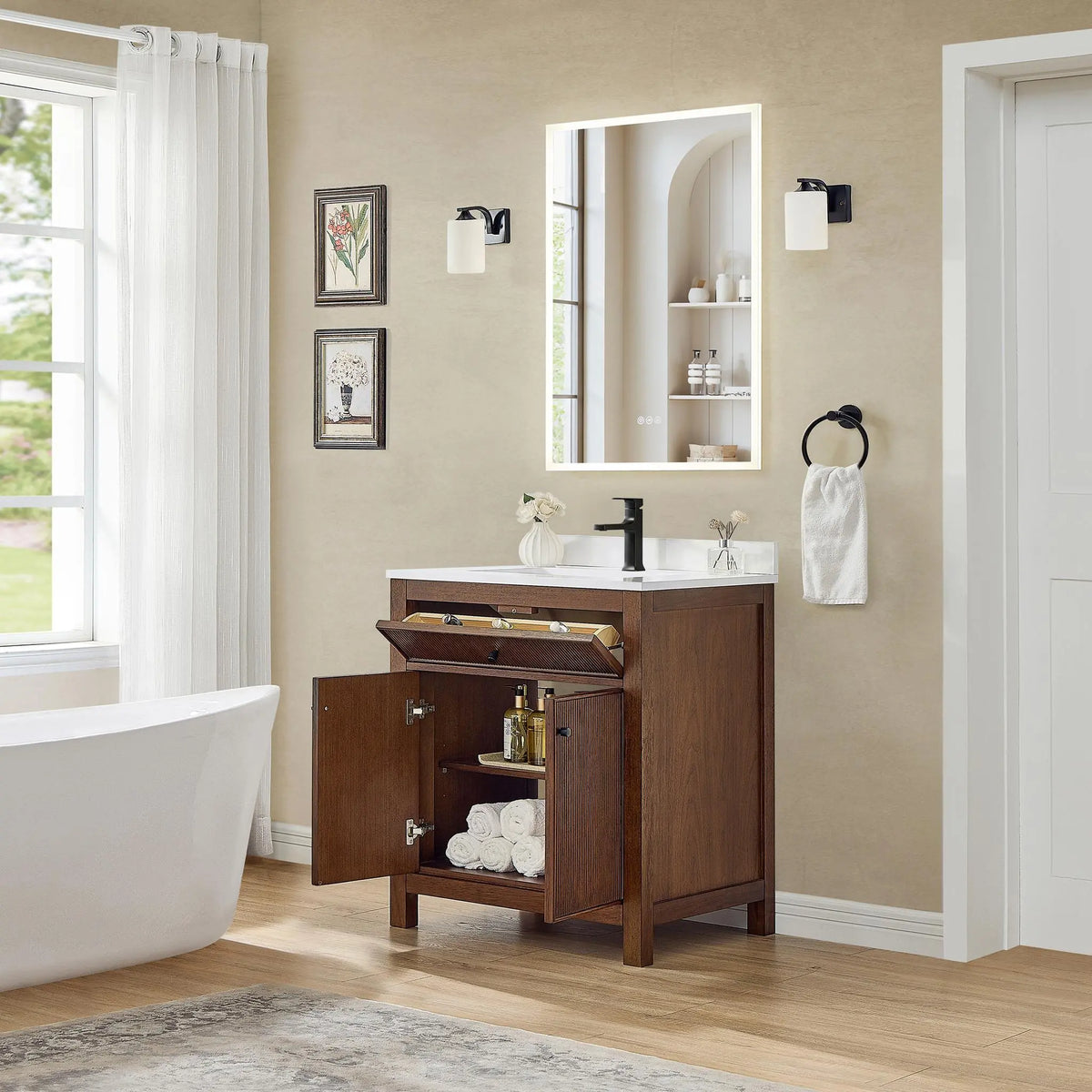 30" Pendry Single Bathroom Vanity Dark Walnut Matte Black Trim by wyndham View 8