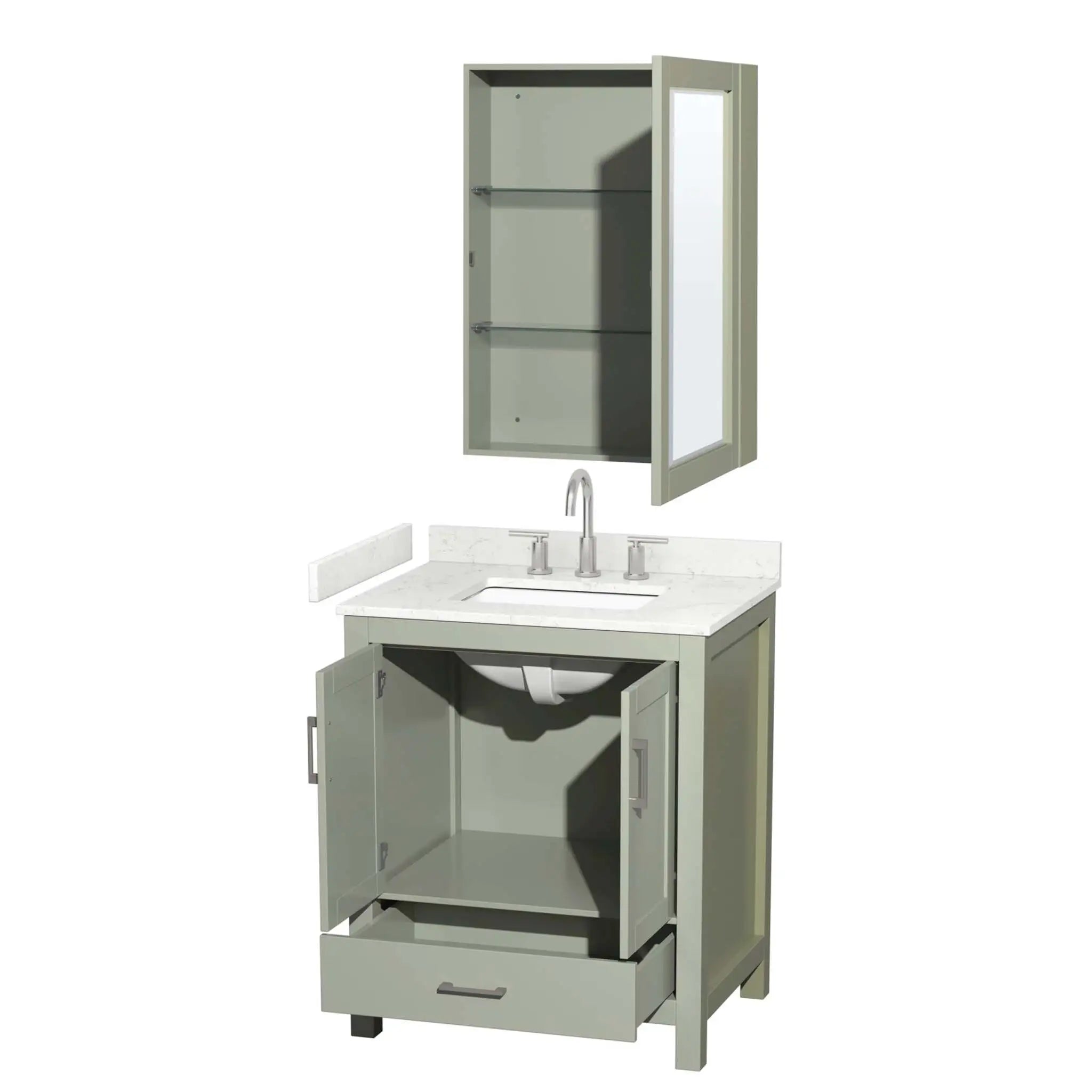 30" Sheffield 30 inch Single Bathroom Vanity in Light Green with Brushed Nickel Trim & Medicine Cabinet by Wyndham