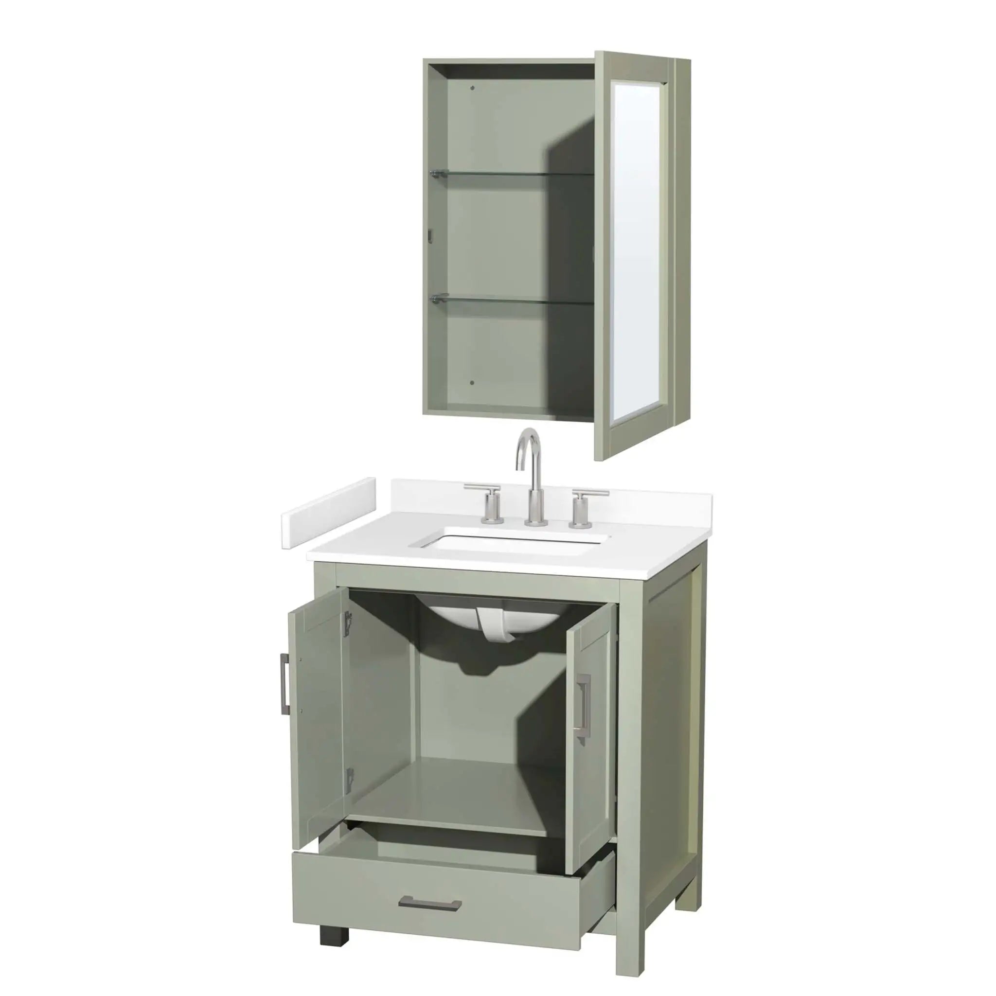 30" Sheffield 30 inch Single Bathroom Vanity in Light Green with Brushed Nickel Trim & Medicine Cabinet by Wyndham