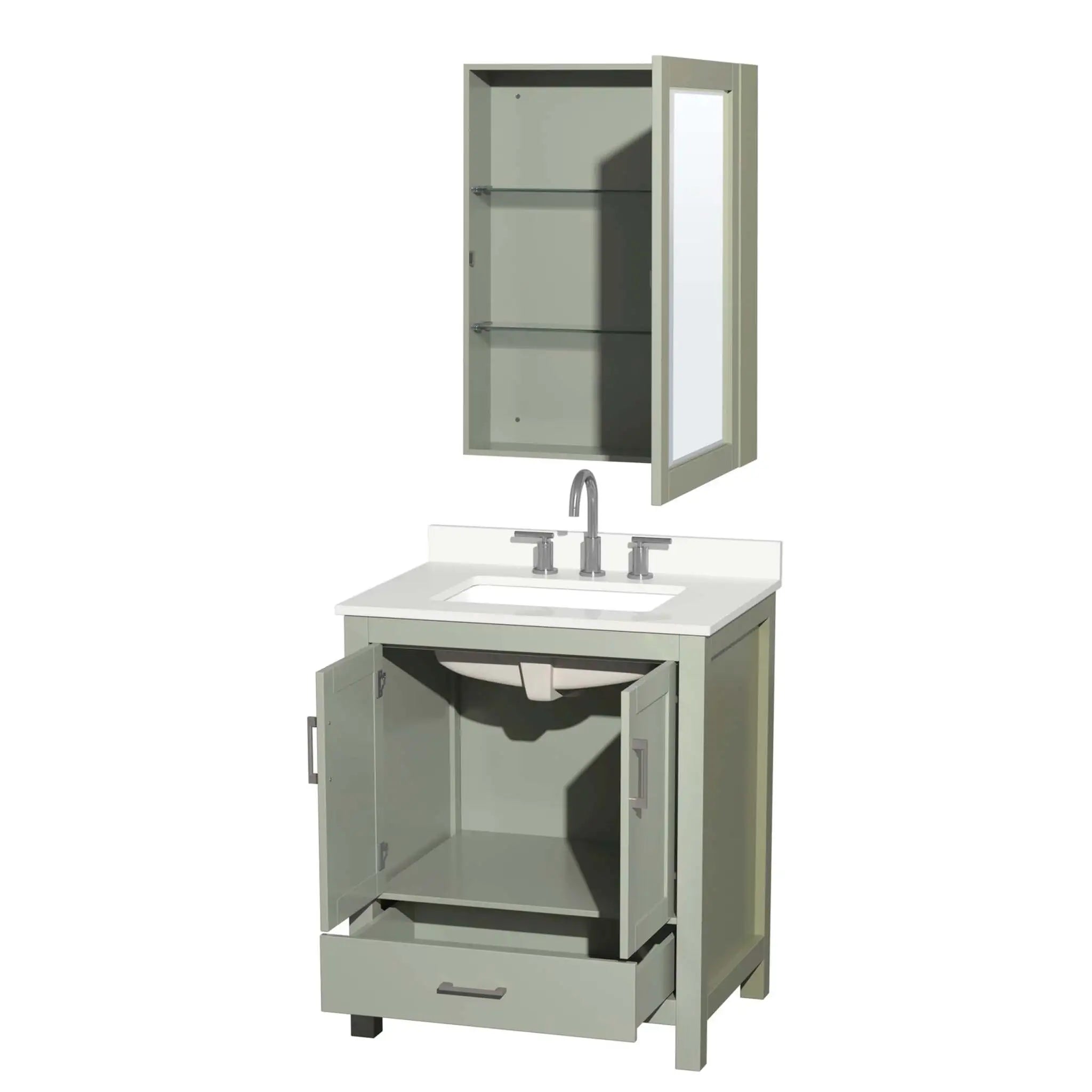 30" Sheffield 30 inch Single Bathroom Vanity in Light Green with Brushed Nickel Trim & Medicine Cabinet by Wyndham