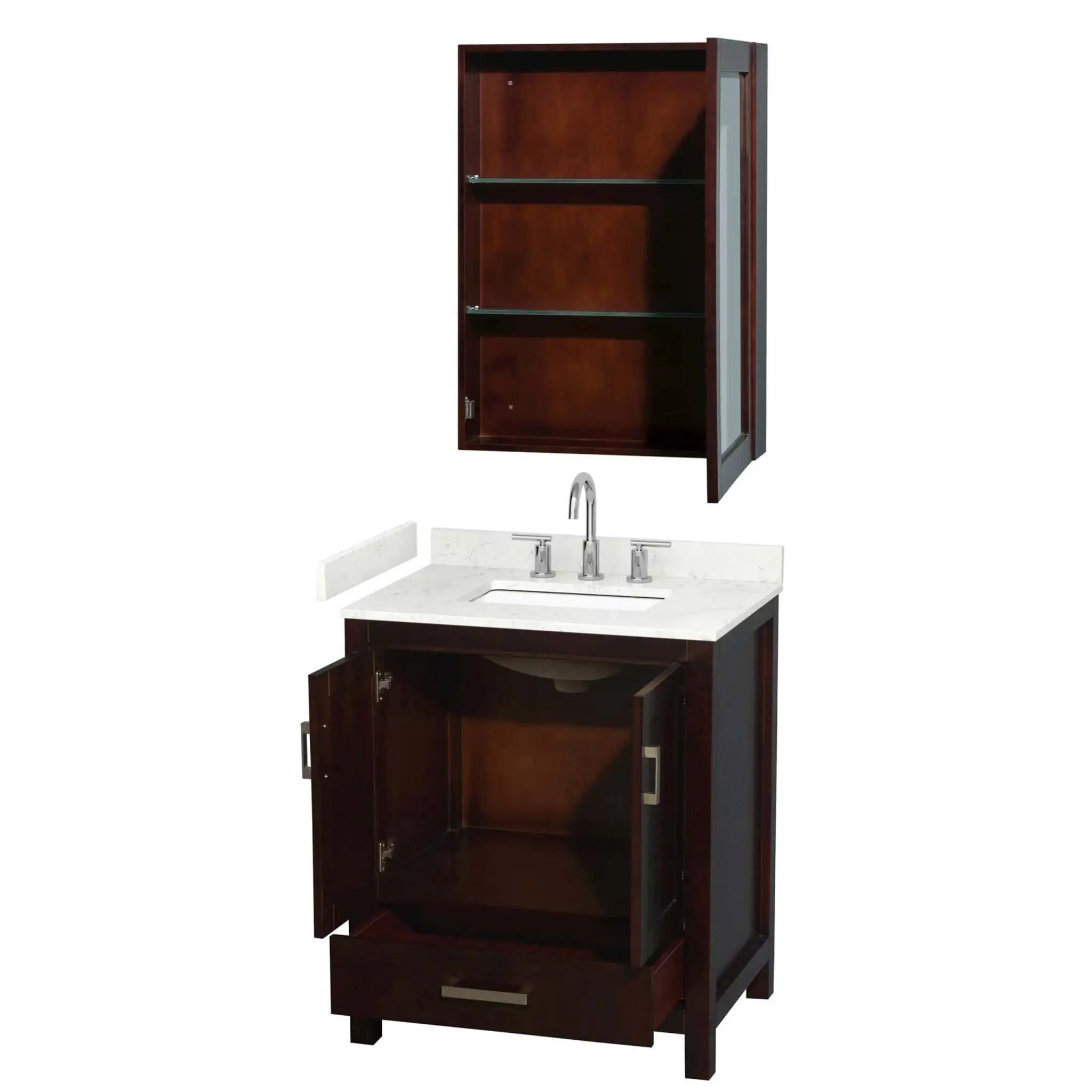 30" Sheffield Single Bathroom Vanity in Espresso with Brushed Chrome Trim & Medicine Cabinet by Wyndham