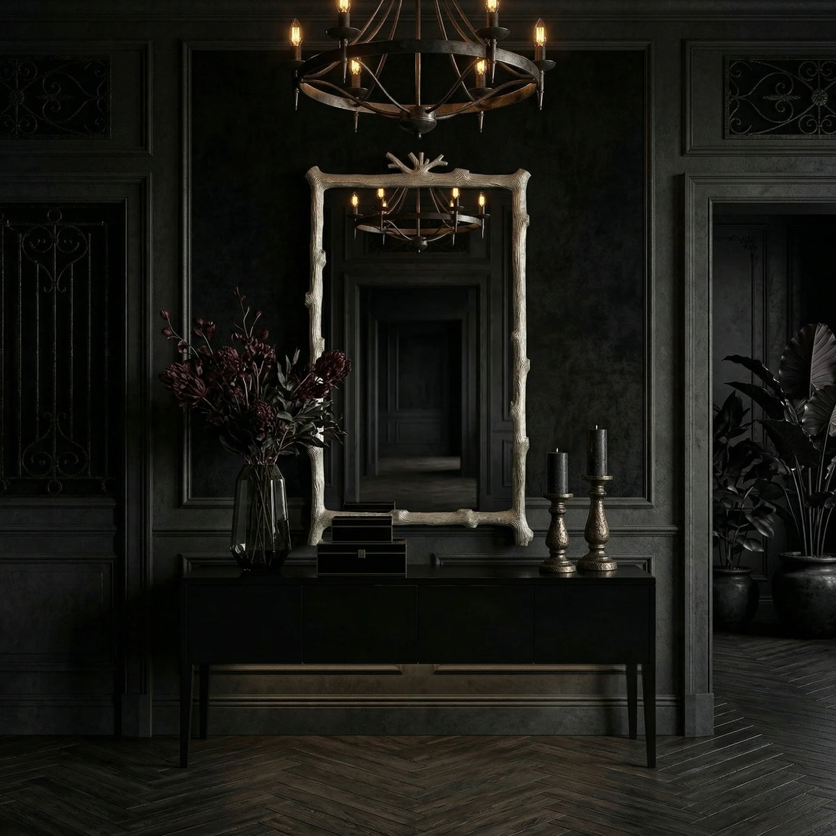 Ambella Home Twig Mirror in soft gold leaf, 30W x 4D x 56H rectangular wall mirror above a dark console in a luxury paneled entryway