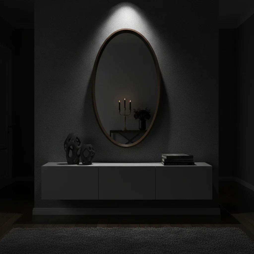 Dark room with a mirror on the wall and a console table below it.