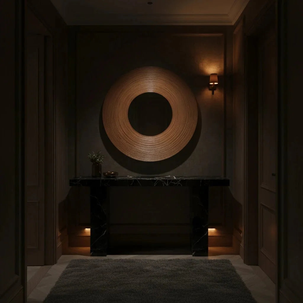 Dark interior setting with a circular wall art piece and a console table.