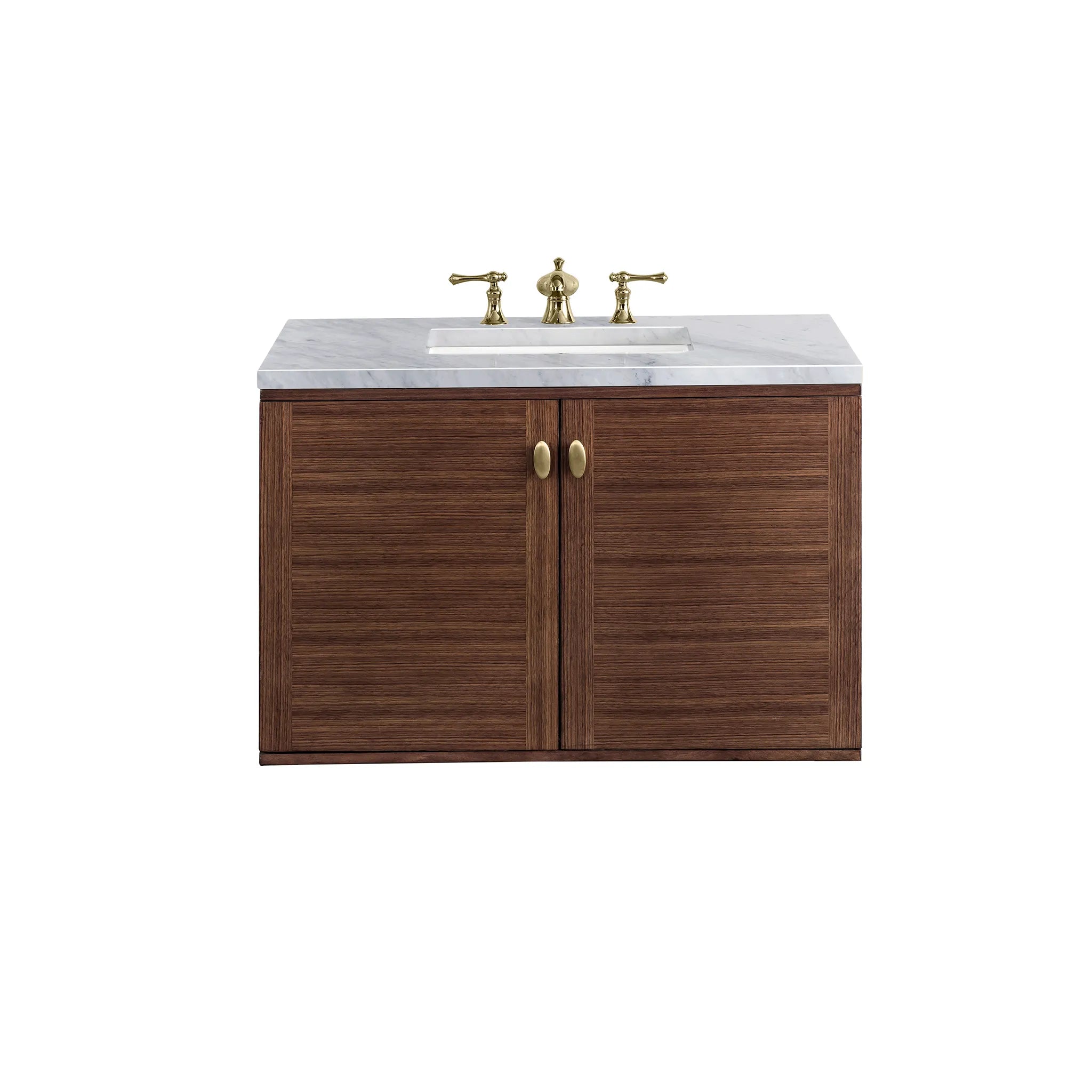 36" Amberly Single Vanity in Mid-Century Walnut-Carrara White Marble-8" Widespread image 1