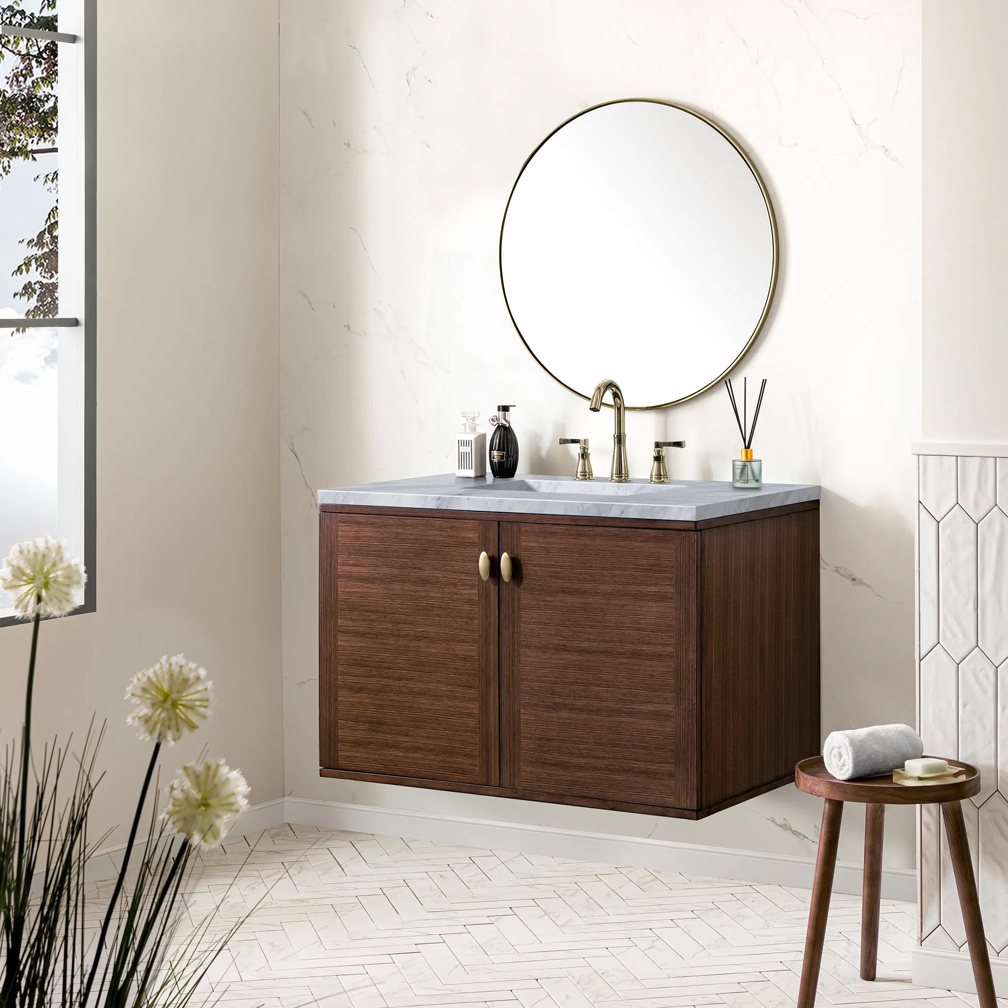 36" Amberly Single Vanity in Mid-Century Walnut-Carrara White Marble-8" Widespread image 5
