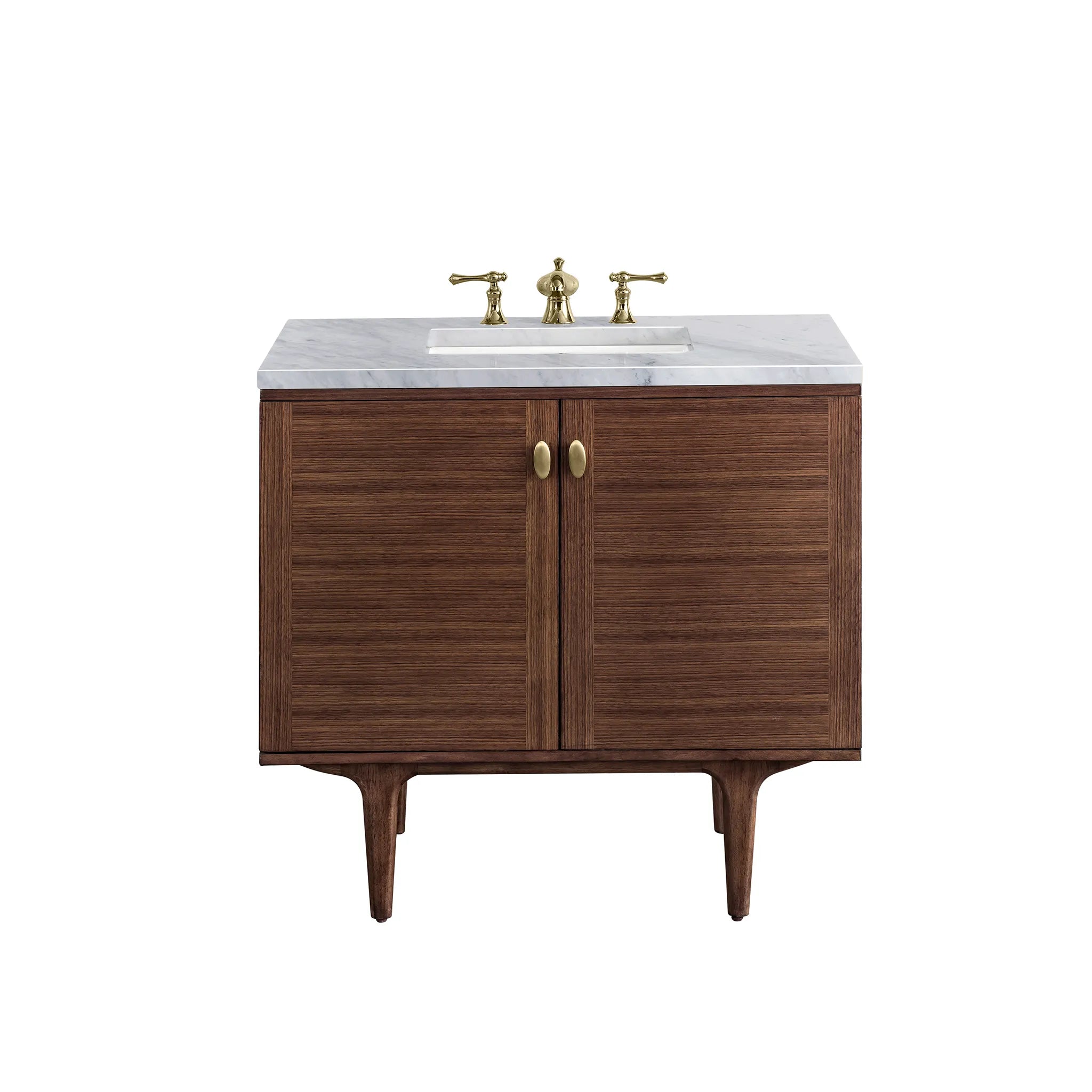 36" Amberly Single Vanity in Mid-Century Walnut-Carrara White Marble-8" Widespread image