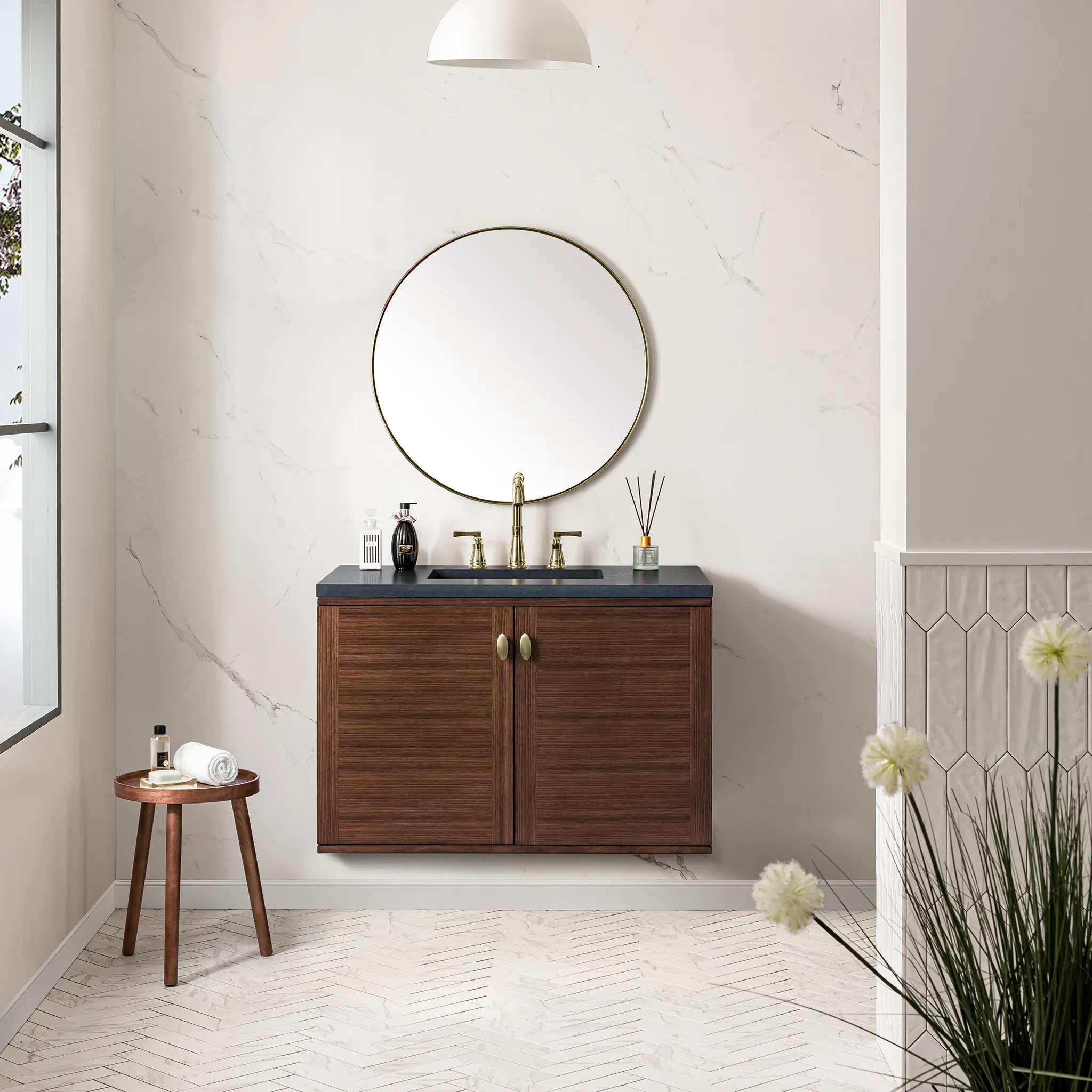 36" Amberly Single Vanity in Mid-Century Walnut-Charcoal Soapstone Silestone-8" Widespread image 3
