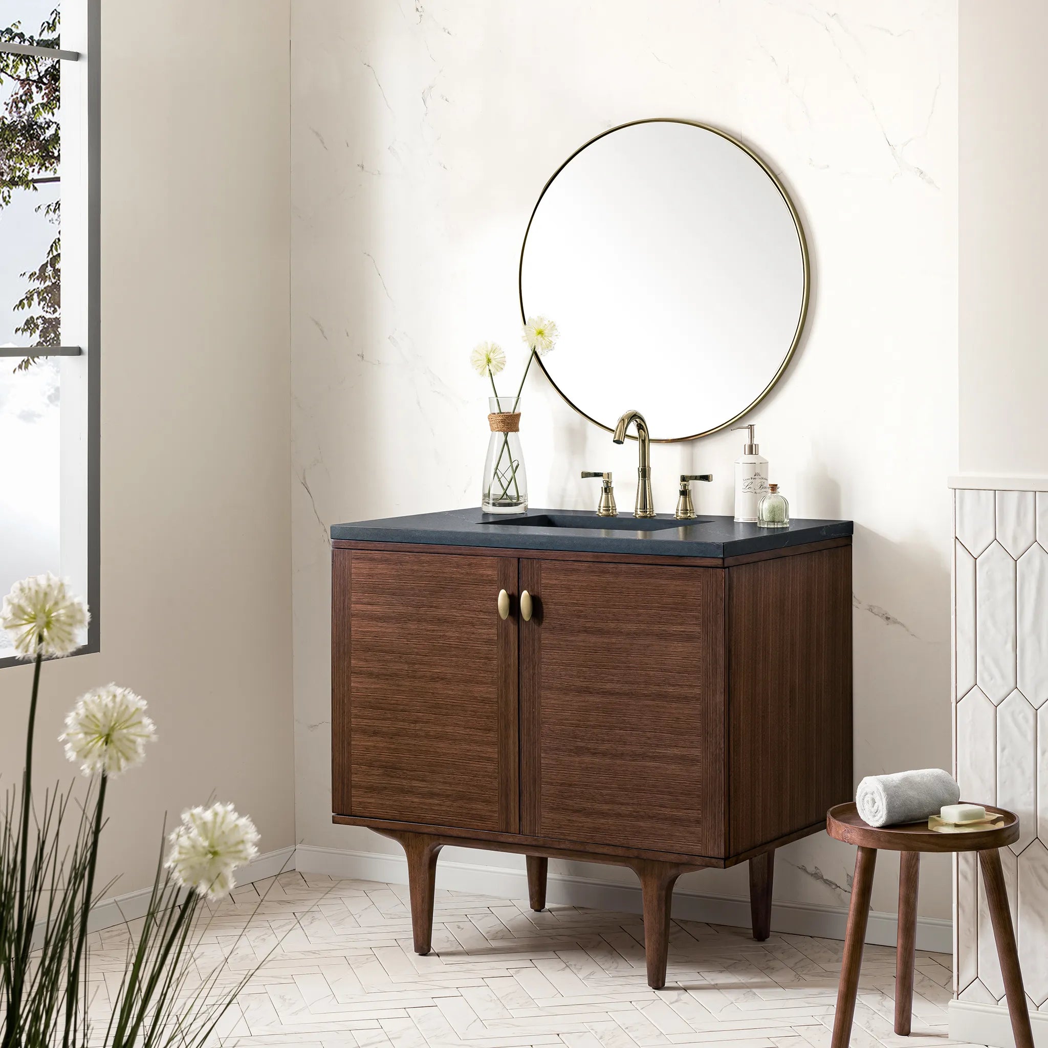 36" Amberly Single Vanity in Mid-Century Walnut-Charcoal Soapstone Silestone-8" Widespread image 4