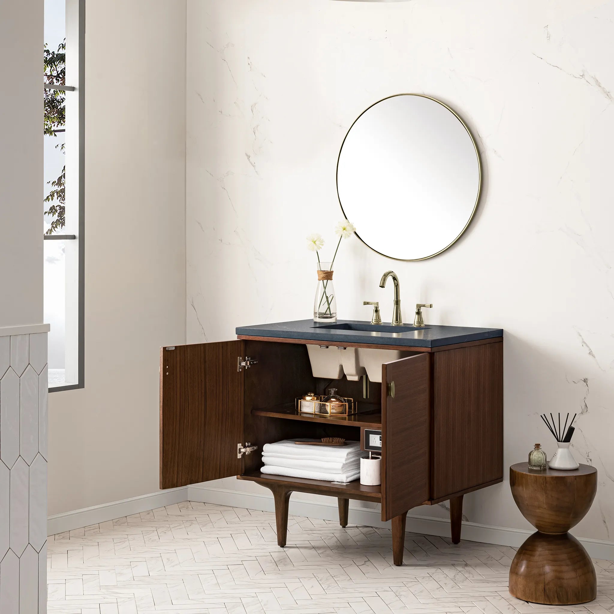 36" Amberly Single Vanity in Mid-Century Walnut-Charcoal Soapstone Silestone-8" Widespread image 6