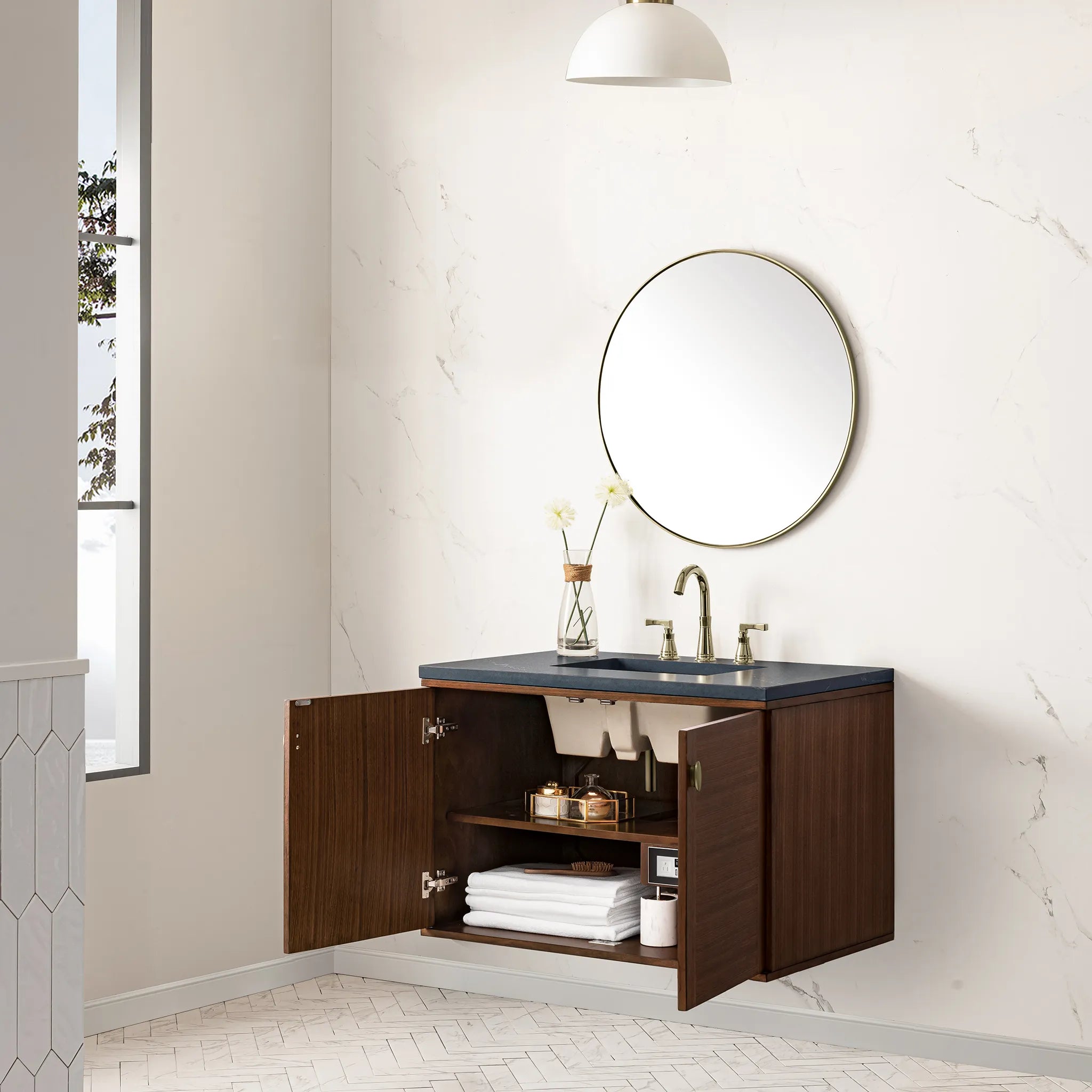 36" Amberly Single Vanity in Mid-Century Walnut-Charcoal Soapstone Silestone-8" Widespread image 7