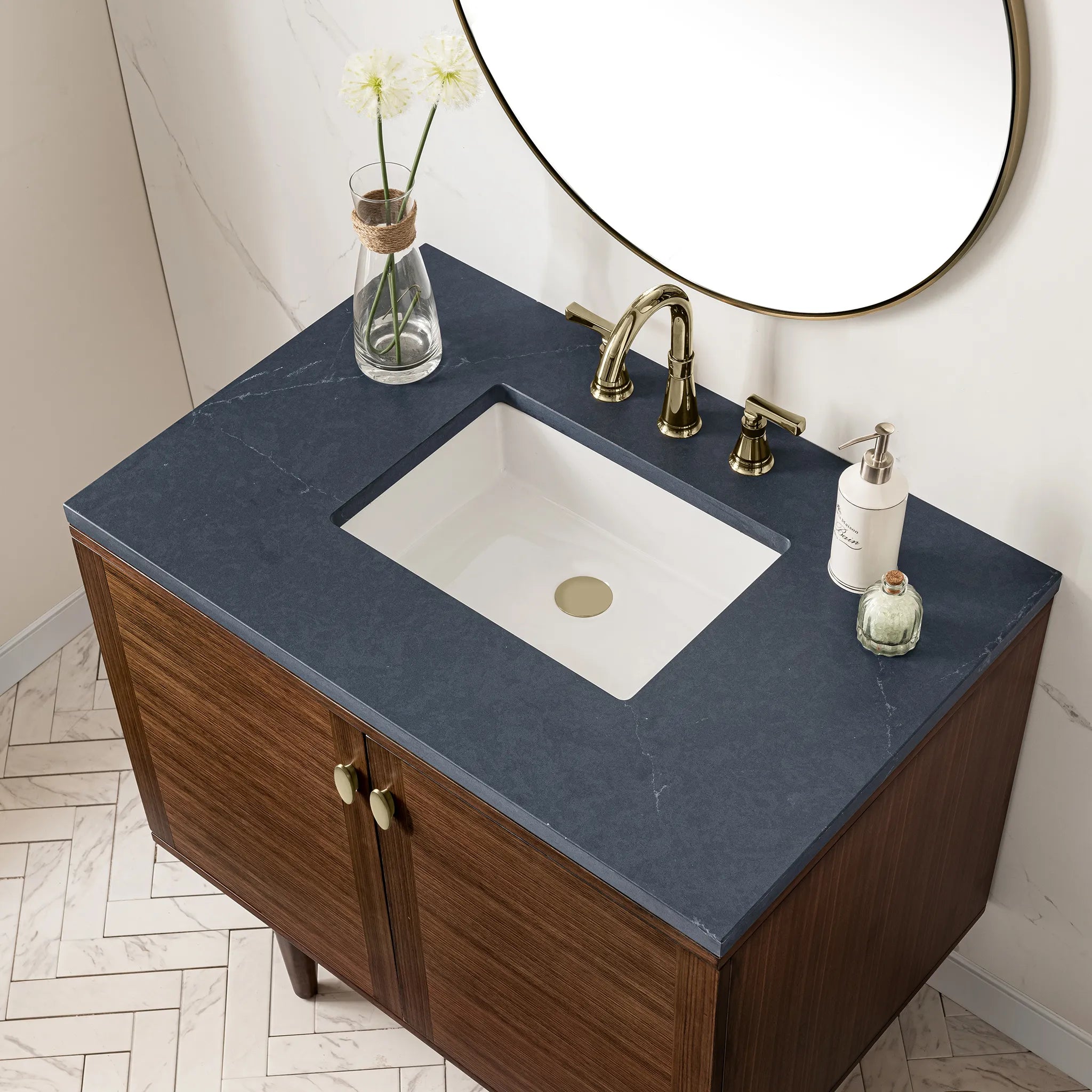 36" Amberly Single Vanity in Mid-Century Walnut-Charcoal Soapstone Silestone-8" Widespread image 8